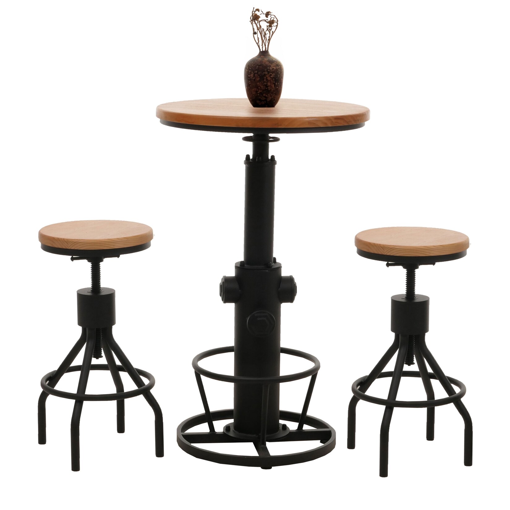 Set Bartisch + 2x Barhocker MCW-N17, Barstuhl Stehtisch höhenverstellbar drehbar Fußablage Industrial Holz ~ natur