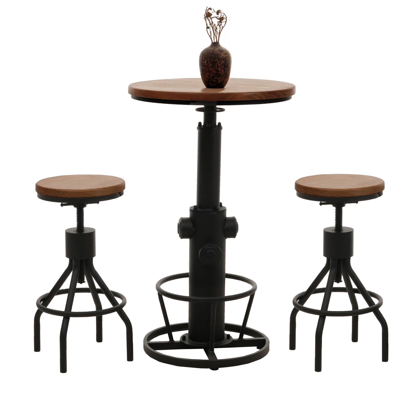 Set Bartisch + 2x Barhocker MCW-N17, Barstuhl Stehtisch höhenverstellbar drehbar Fußablage Industrial Holz ~ braun