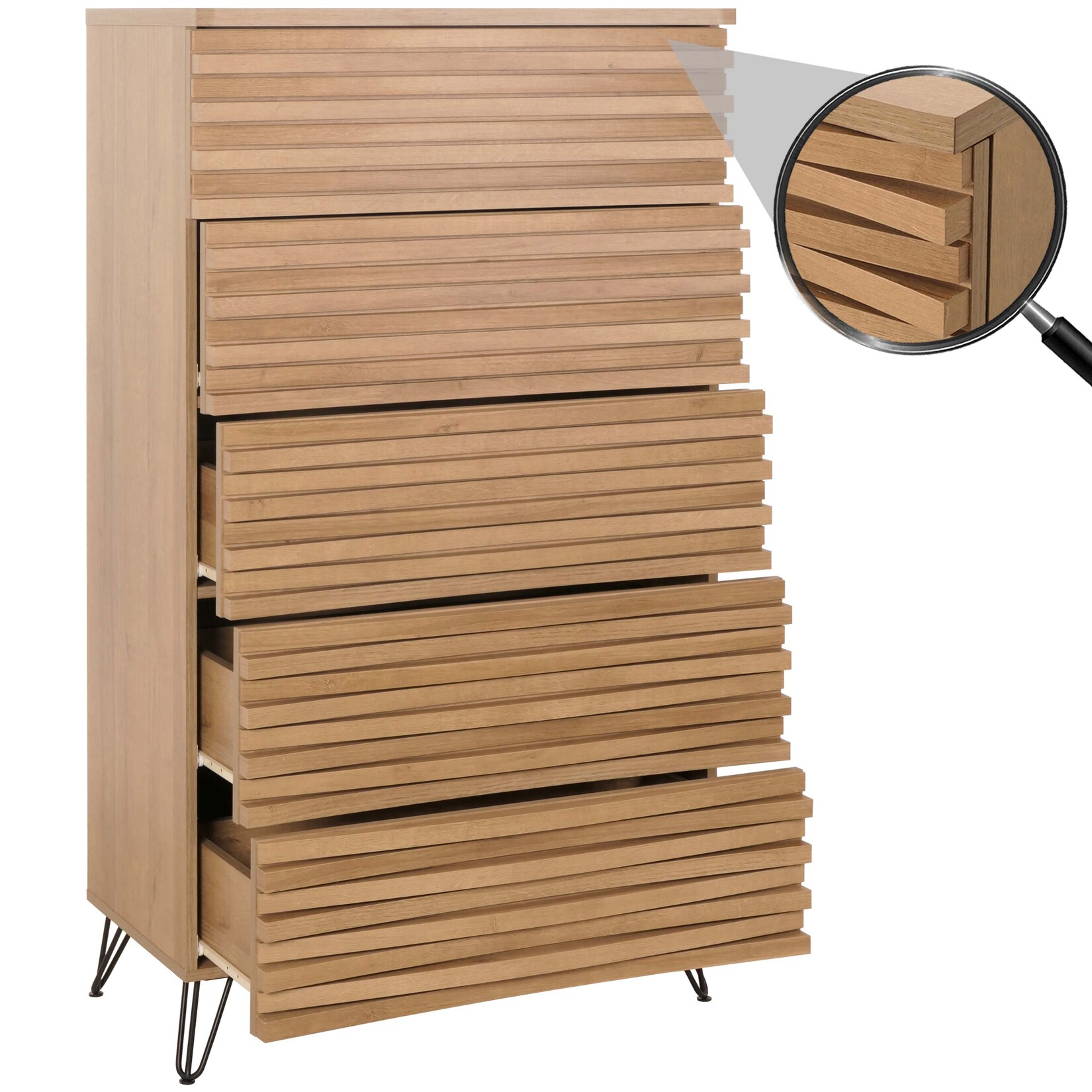 Kommode MCW-M49, Highboard Schrank, 3D-Design 5 Schubladen MDF Metall 145x80x44cm ~ natur | 04057651651354