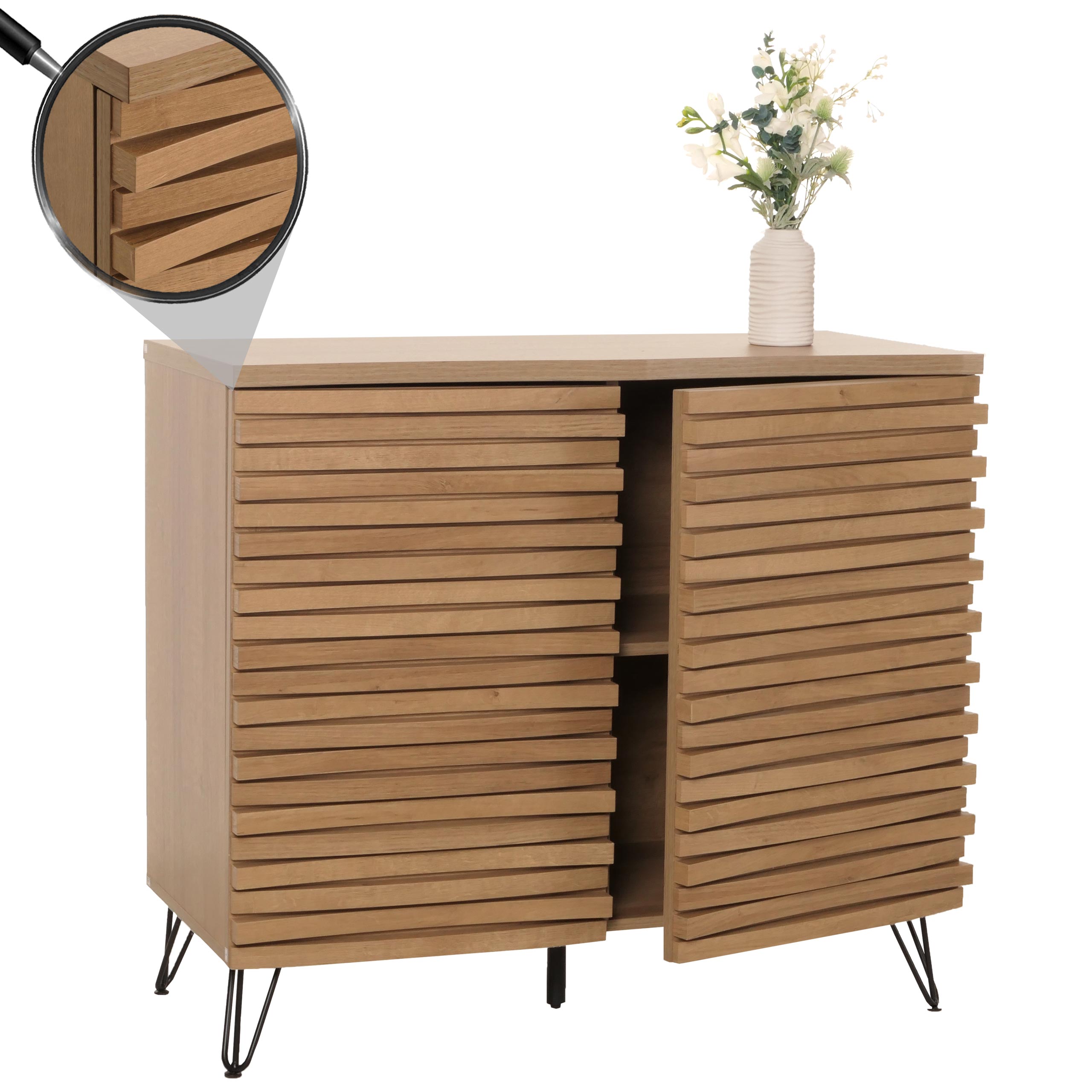 Kommode MCW-M49, Schrank Sideboard Highboard, 3D-Design Stauf&auml;cher, MDF Metall 85x95x45cm ~ natur - Bild 1