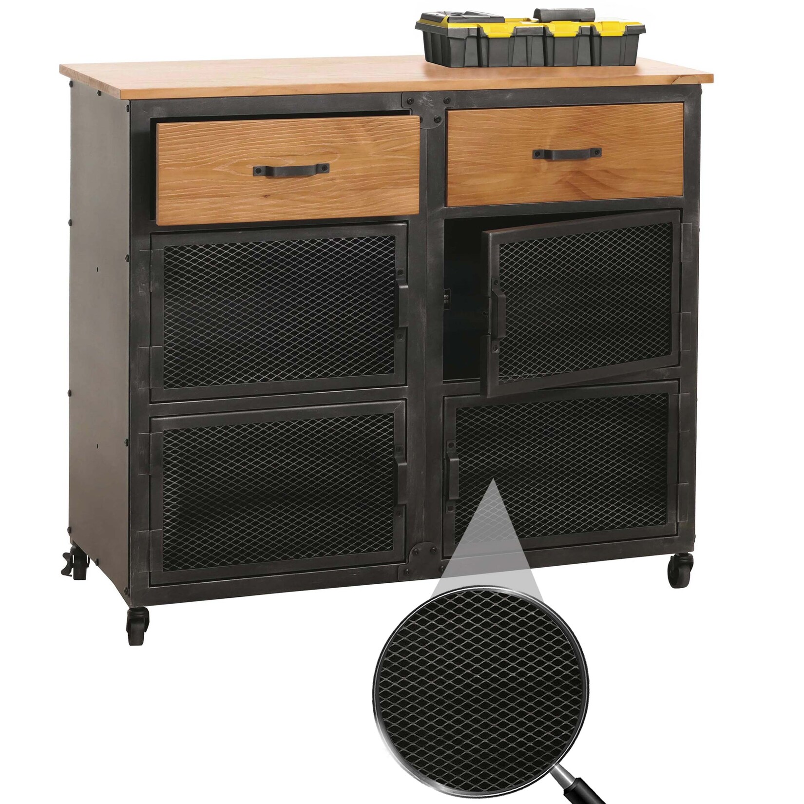 Werkstattwagen MCW-N28, Rollwagen, Rollen 2 Schubladen, 3D-Struktur Metall Holz 90x100x40cm ~ schwarz, natur | 04057651652139