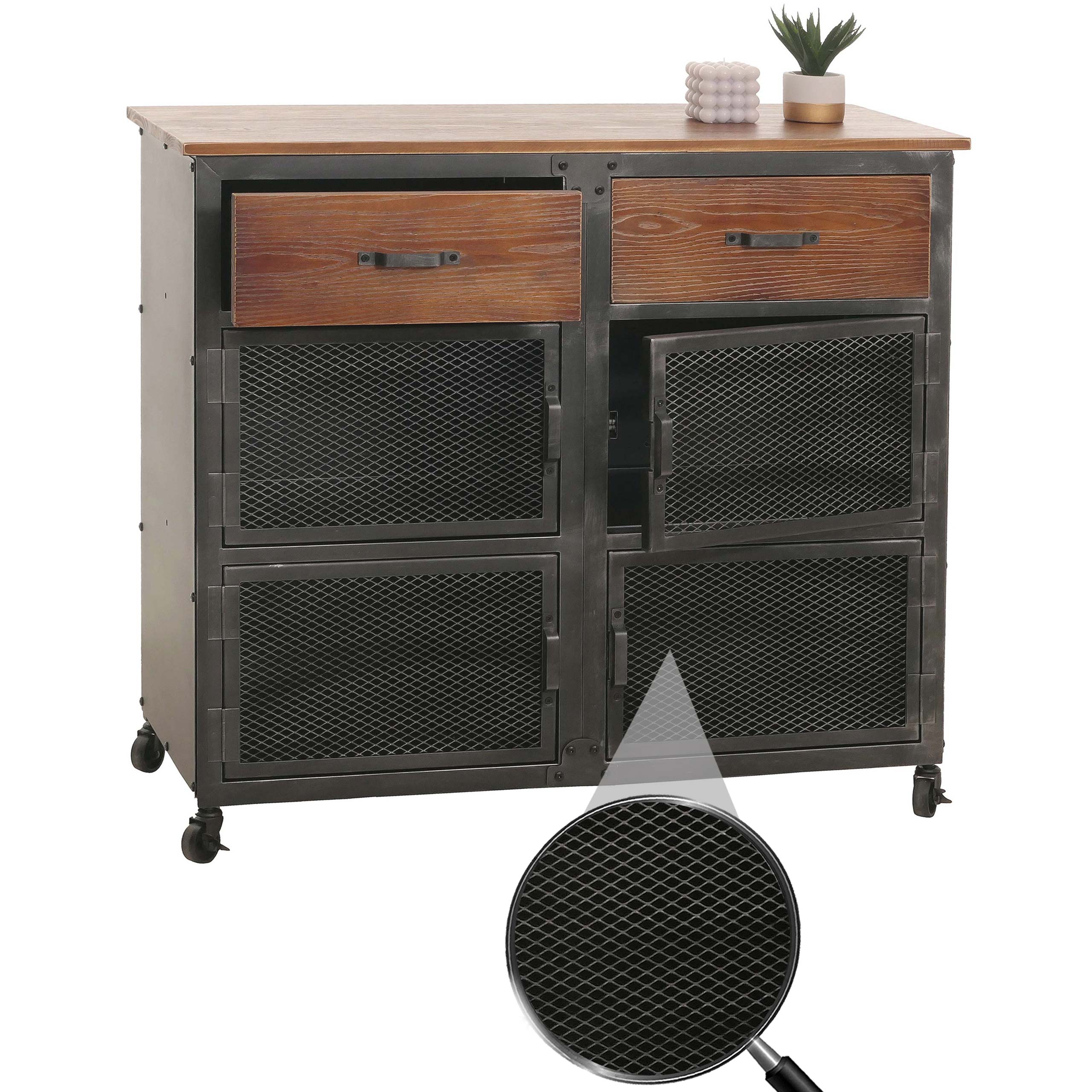 Kommode MCW-N28, Schrank, Rollen 2 Schubladen, 3D-Struktur Industrial Retro Metall Holz 90x100x40cm ~ schwarz, braun - Bild 1