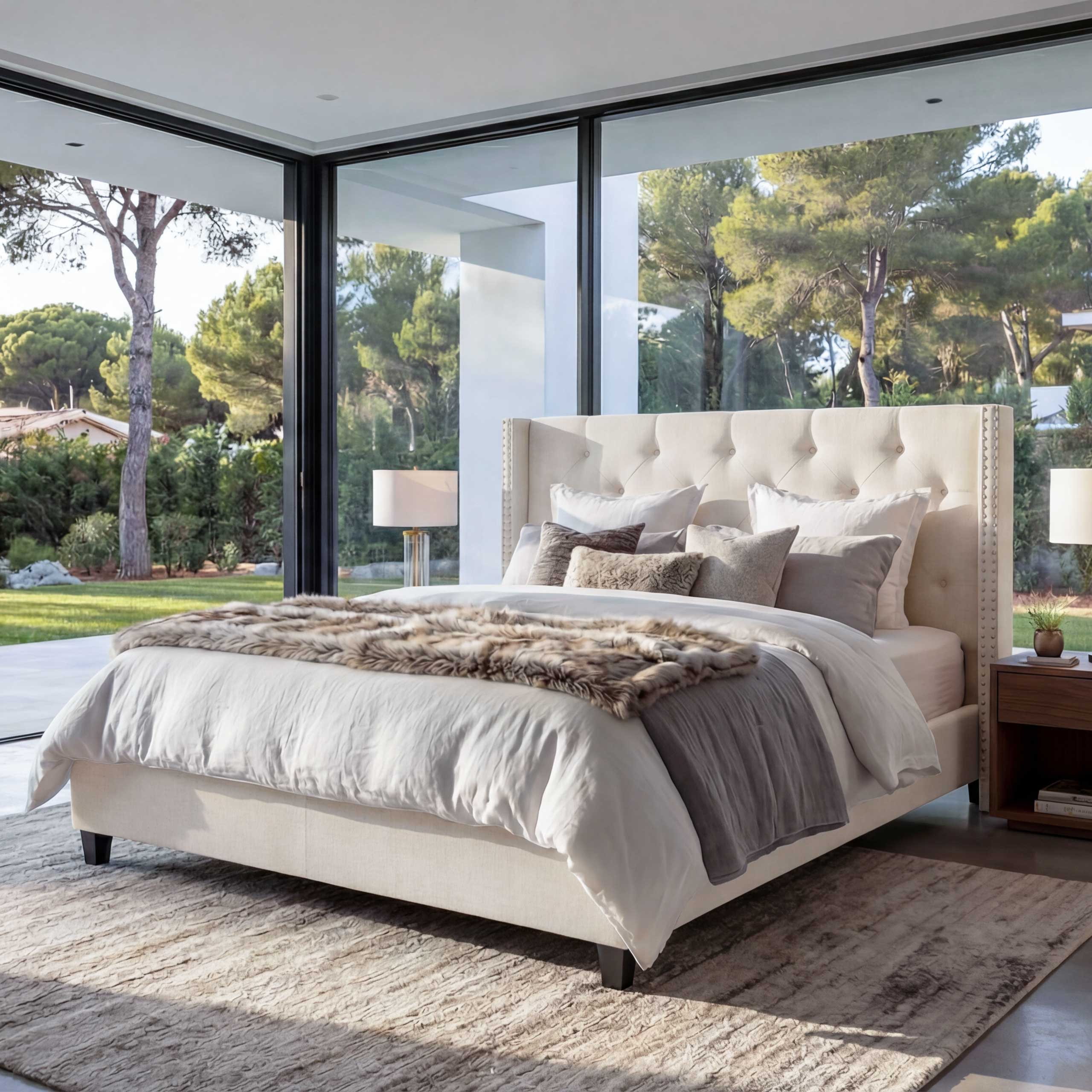 Polsterbett MCW-N59, Bett Doppelbett Bettgestell mit Lattenrost, Massivholz Stoff/Textil 180x200cm ~ creme-beige - Bild 1