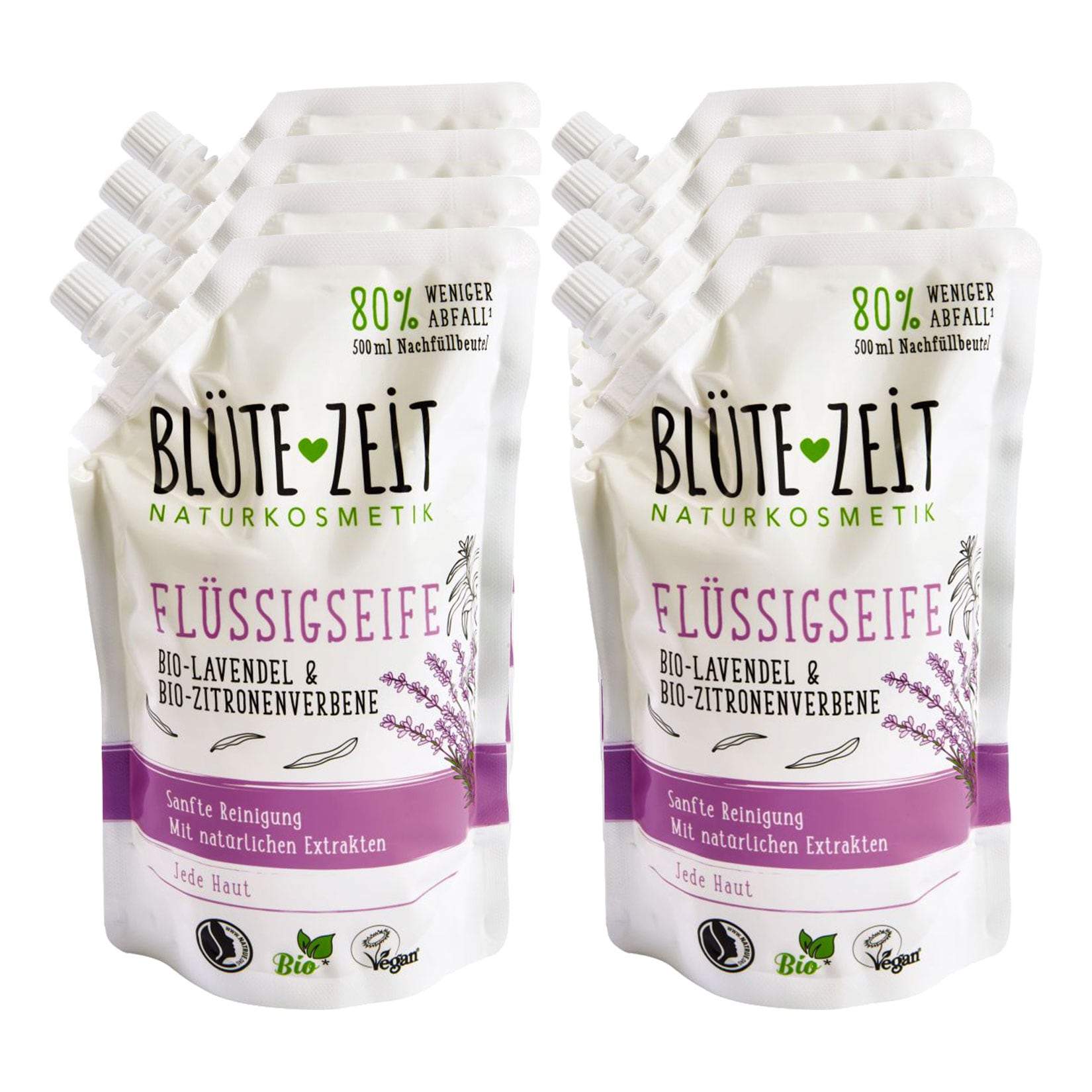 BL&Uuml;TE-ZEIT Fl&uuml;ssigseife Nachf&uuml;llbeutel Bio-Verbene & Bio-Lavendel 500 ml, 8er Pack - Bild 1