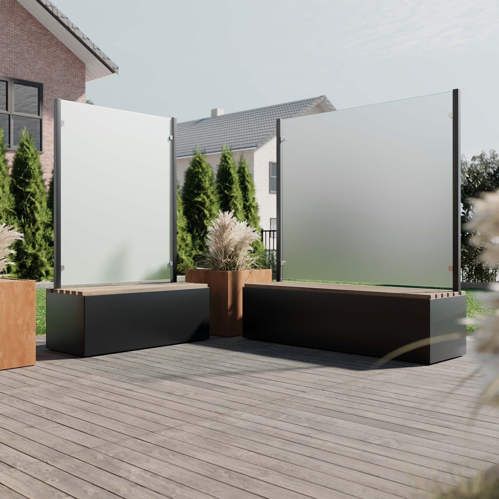 Pflanzkasten HLO-GUB7, Windschutz Sitzbank, Holz Stahl ~ 185 cm | 04057651645247
