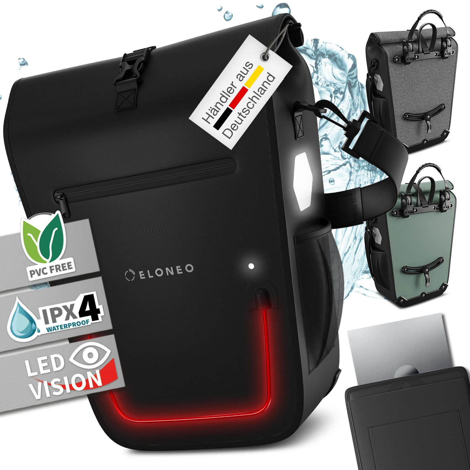 ELONEO Fahrradtasche f&uuml;r Laptop, wasserdicht mit LED, 25L, Schwarz - Bild 1