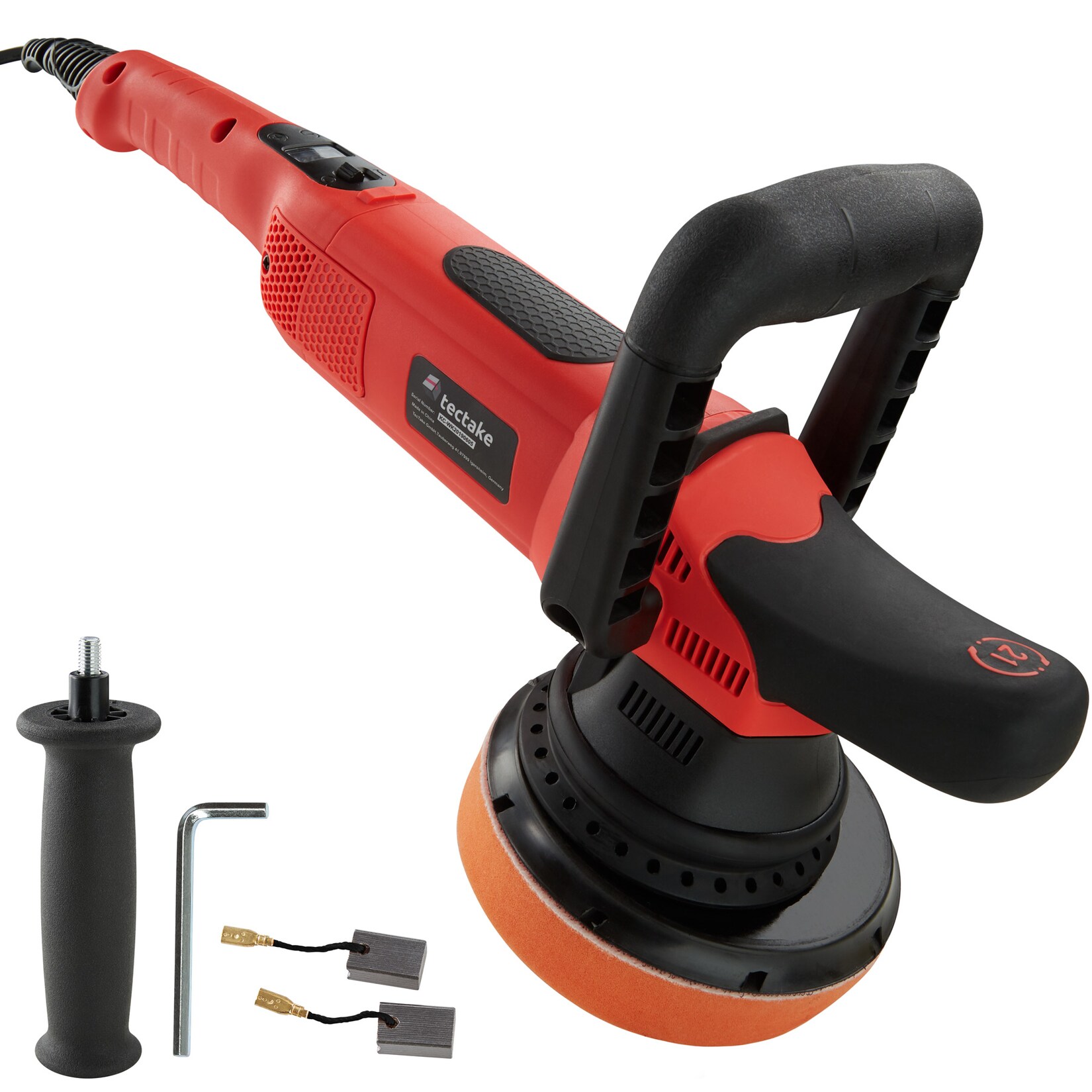 tectake® 3-teiliges Exzenter Poliermaschinen-Set, 810 W und 1650 – 4800 U/min, mit Bogenhandgriff und zusätzlichem Stabgriff, inklusive 2 Ersatzkohlen | 04061173041302
