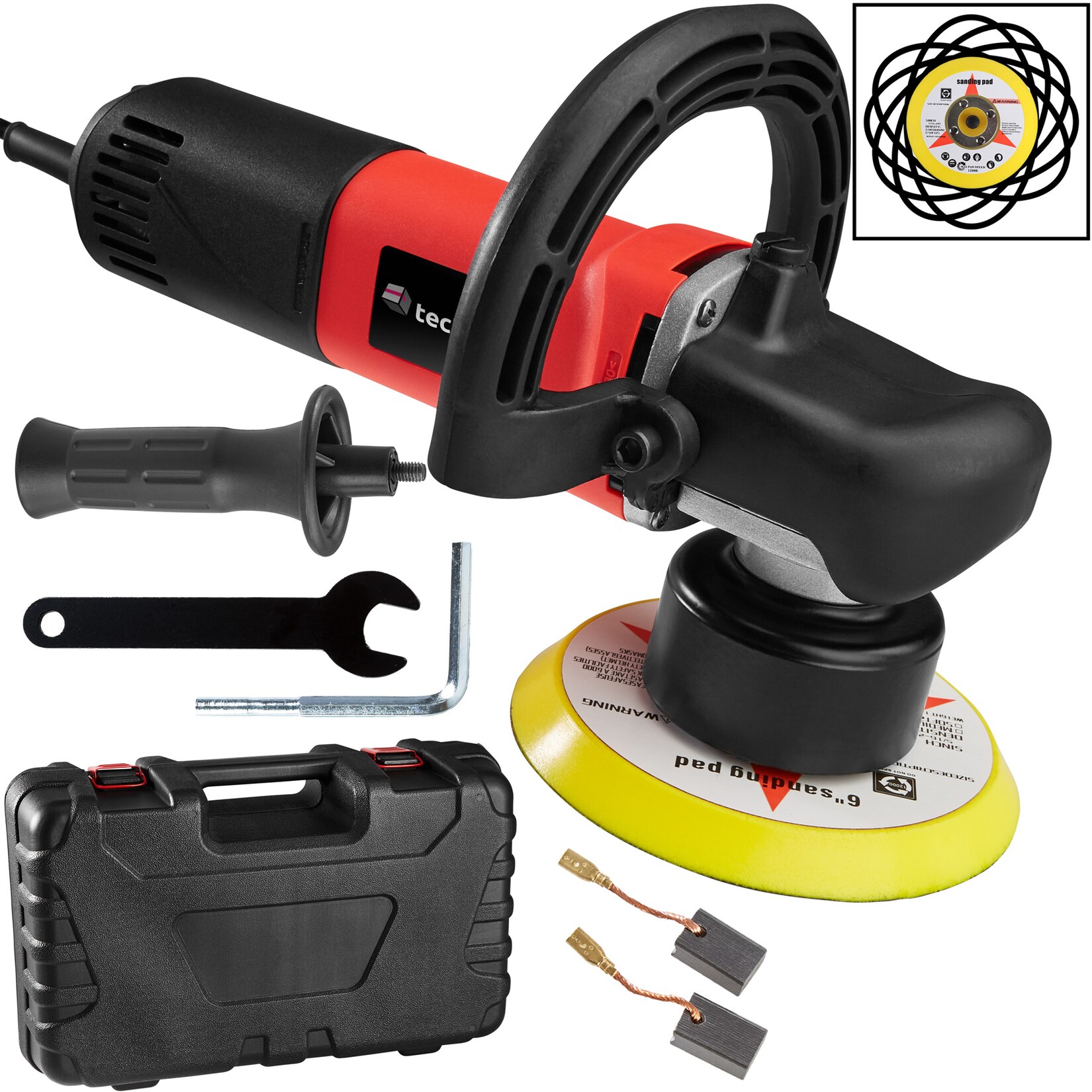 tectake® 5-teiliges Exzenter Poliermaschinen-Set, 710 W, mit Bogenhandgriff und zusätzlichem Stabgriff, inklusive 2 Ersatzkohlen und Transportkoffer | 04260397651780