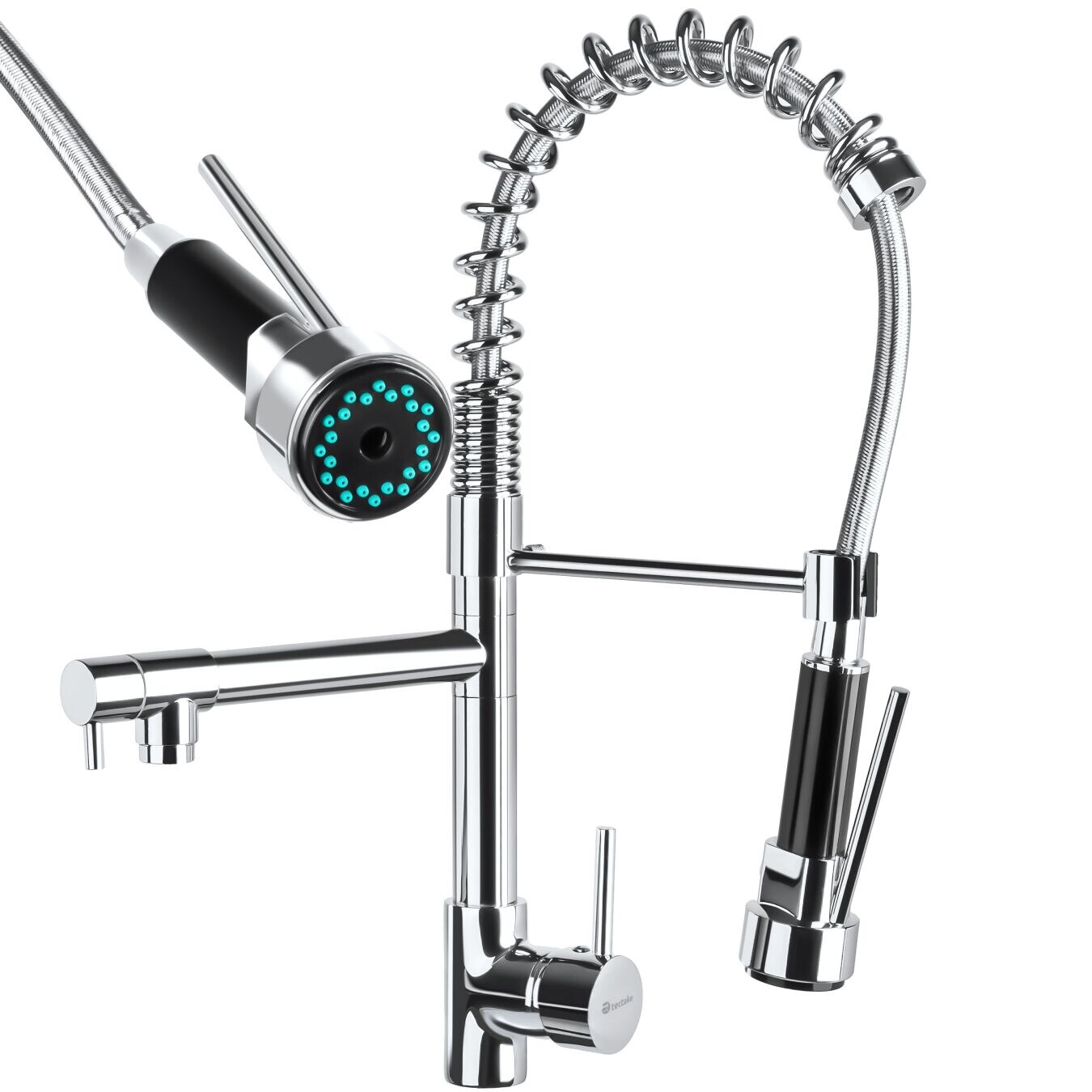 tectake® Küchenarmatur, Hochdruck, 360° drehbar, Wasserhahn, Spiralfeder mit ausziehbarer Brause, inklusive 2 Anschlussschläuche | 04260473664291
