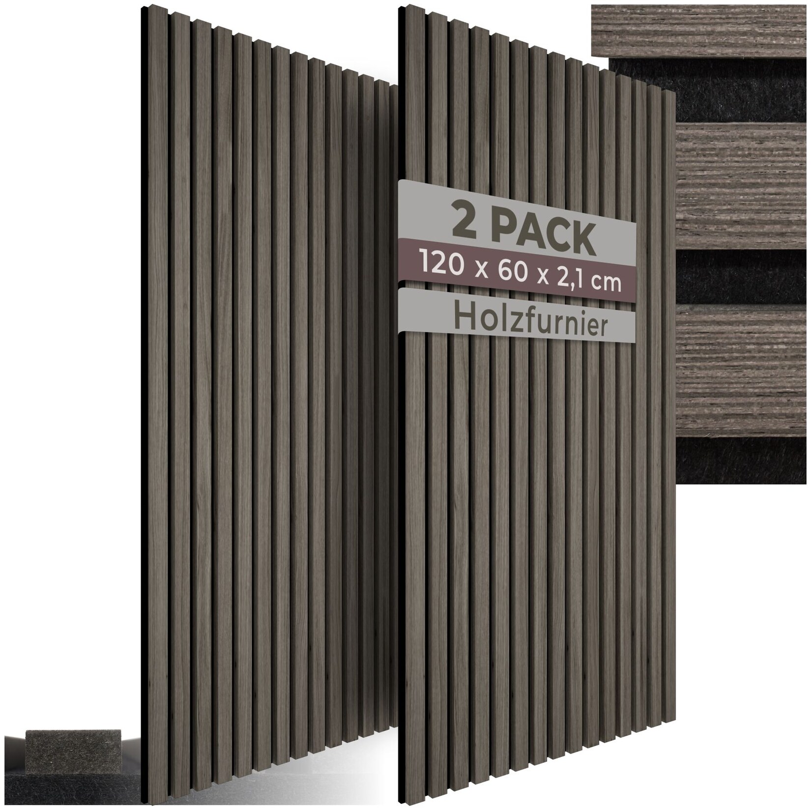 tectake® Akustikpaneele, Holzoptik in Eiche grau, MDF und Echtholzfurnier, je 60 x 120 x 2,1 cm, Größe flexibel anpassbar