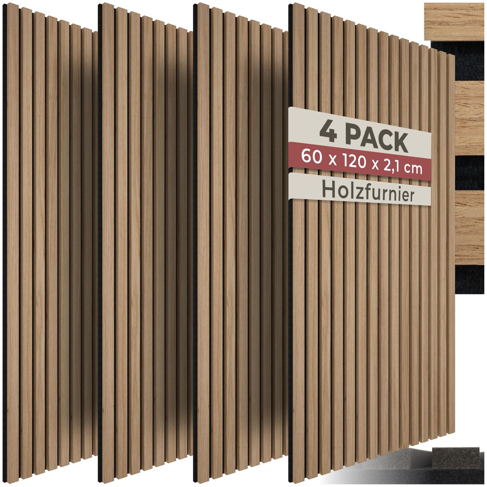 tectake® Akustikpaneele, Holzoptik in Eiche, MDF und Echtholzfurnier, je 60 x 120 x 2,1 cm, Größe flexibel anpassbar | 04061173278128