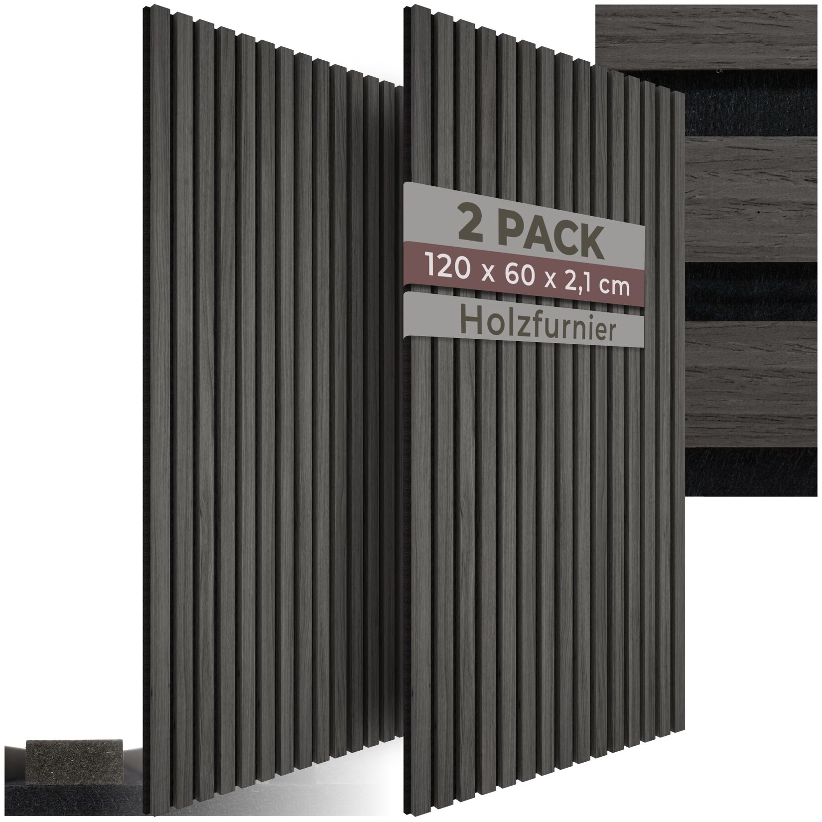 tectake® Akustikpaneele, Holzoptik in Eiche schwarz, MDF und Echtholzfurnier, je 60 x 120 x 2,1 cm, Größe flexibel anpassbar