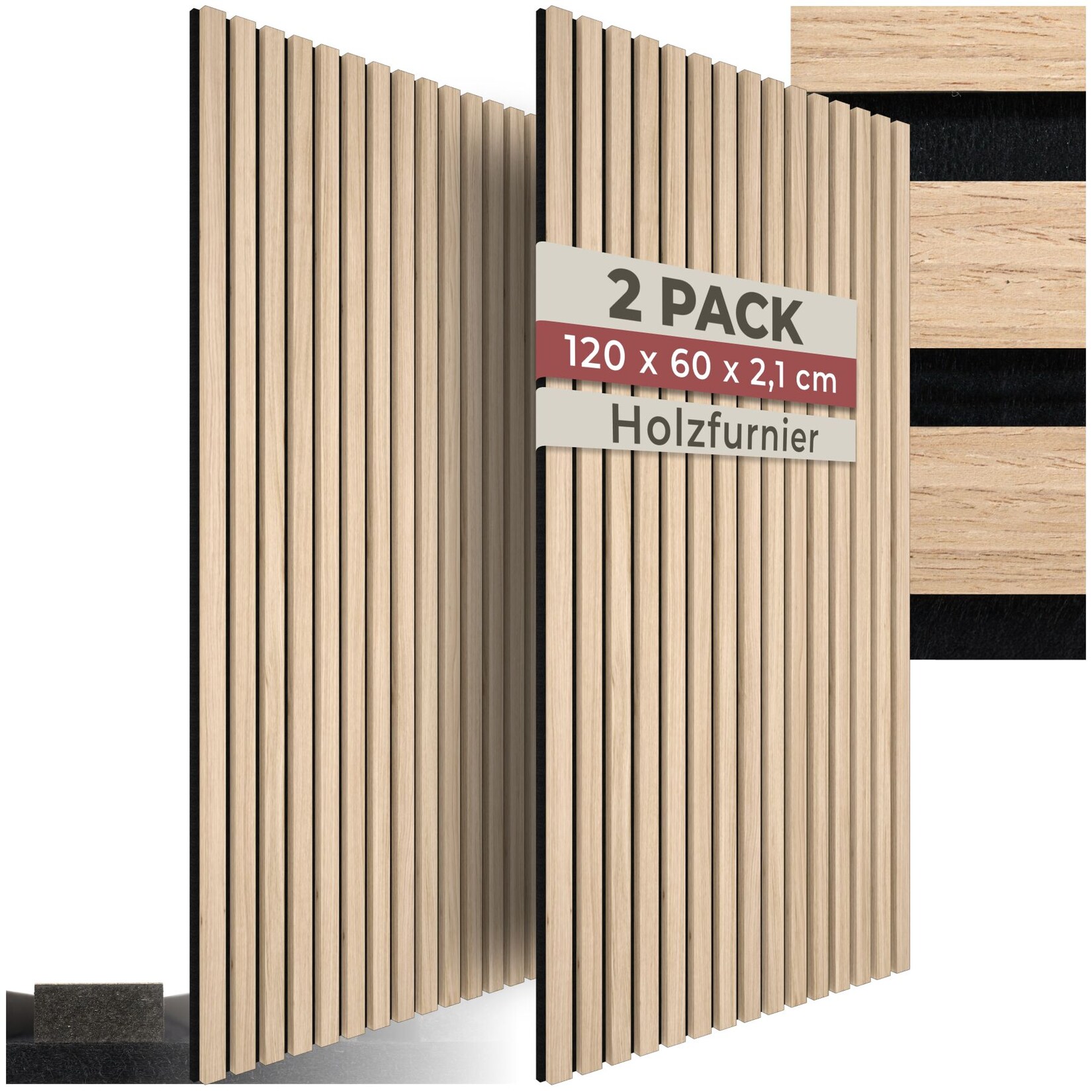 tectake® Akustikpaneele, Holzoptik in Eiche hell, MDF und Echtholzfurnier, je 60 x 120 x 2,1 cm, Größe flexibel anpassbar