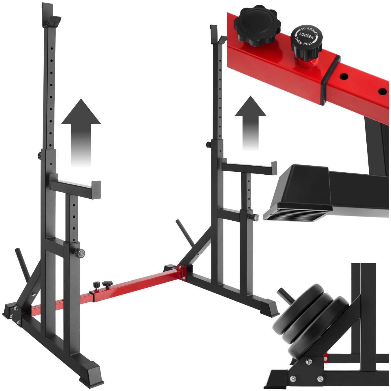 tectake® Squat Rack, multifunktional, Höhe und Breite verstellbar, bodenschonende Kunststoffkappen, inklusive 2 Aufnahmen für Hantelscheiben | 04061173205445
