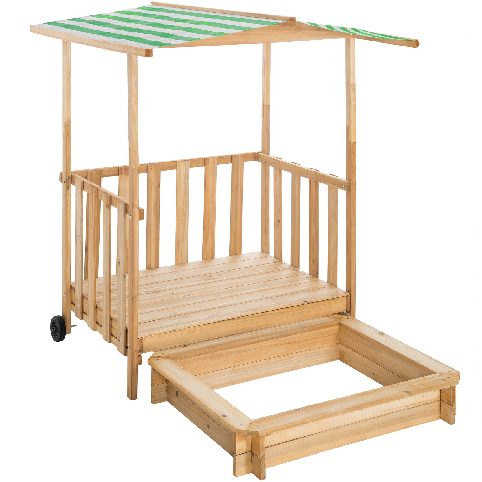tectake® Sandkasten, aus Holz, Veranda mit Geländer, 106 x 105 x 137 cm | 04061173042132