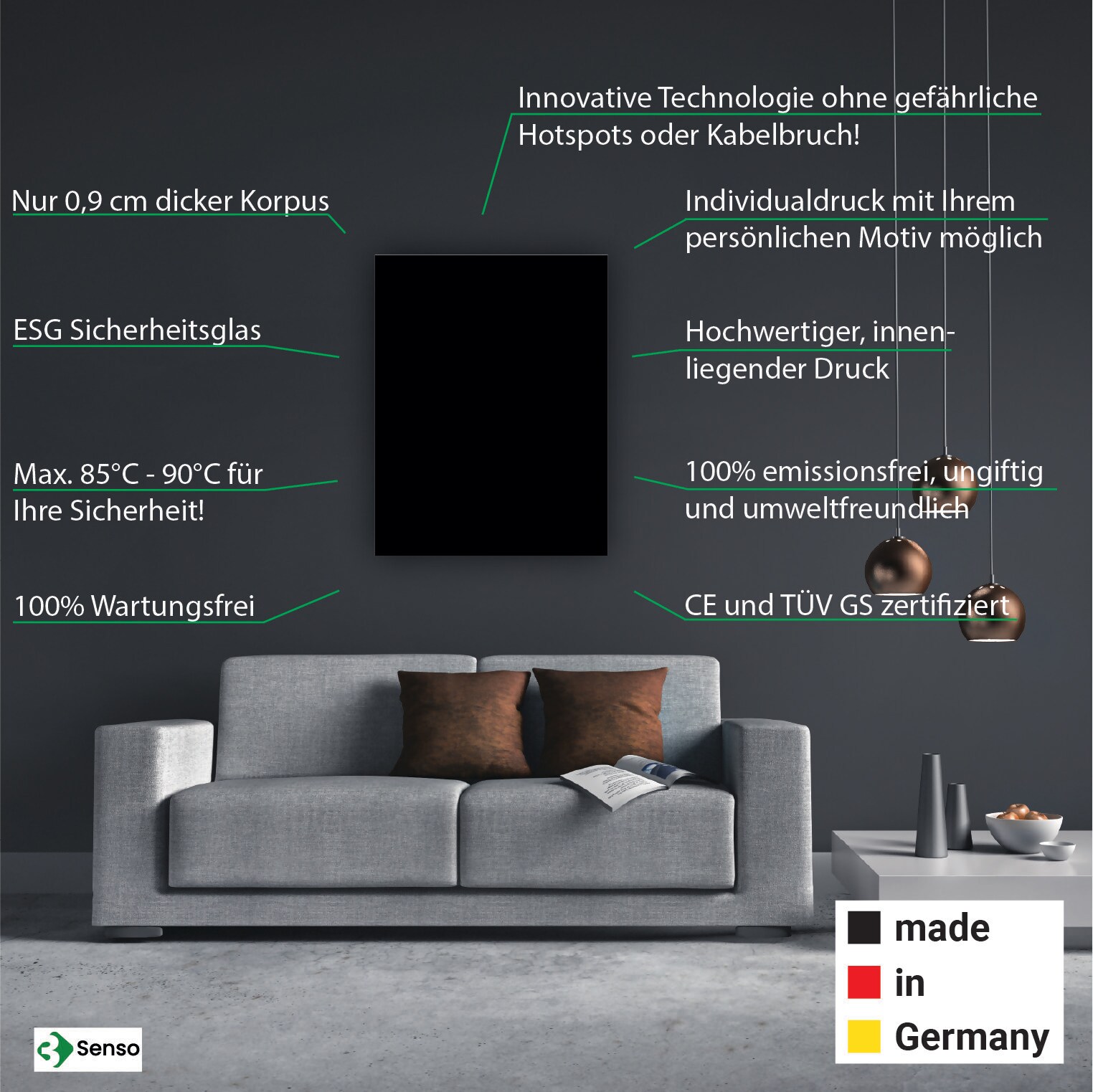 3Senso Infrarotheizung ST900 Standard „RAL9005 Tiefschwarz“ –  900 Watt – 15 Jahre Garantie; Variante Wohnraum IPX0, Hochformat (Vertikal) | 04262477250173