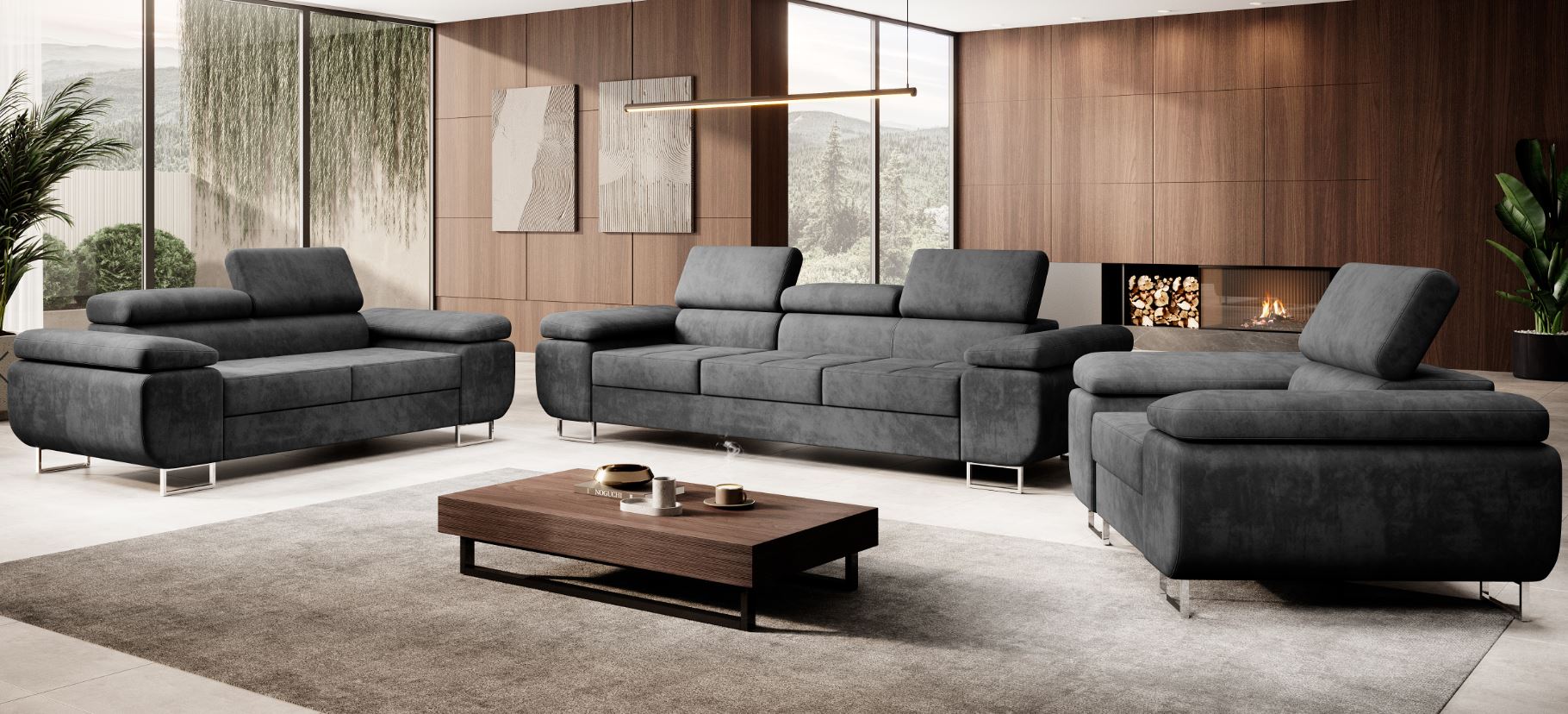 M-Punkt Polstergarnitur Miami 3-2-1 Samtstoff Grau Anthrazit mit Bett Kopfteilverstellung Bett Sofa Schlafsofa Wohnlandschaft - Bild 1