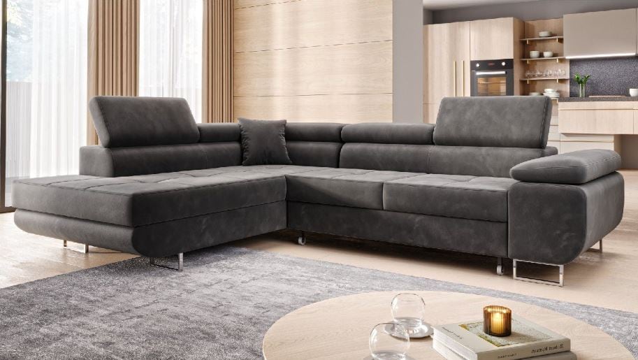 M-Punkt Wohnlandschaft Ecksofa MIAMI Samt Grau mit Bett Bettkasten Kopfteilverstellung Bett Sofa Schlafsofa Ottomane links