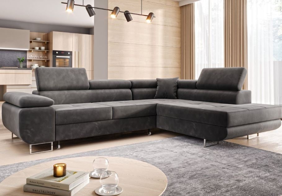 M-Punkt Wohnlandschaft Ecksofa MIAMI Samt Grau mit Bett Bettkasten Kopfteilverstellung Bett Sofa Schlafsofa Ottomane rechts