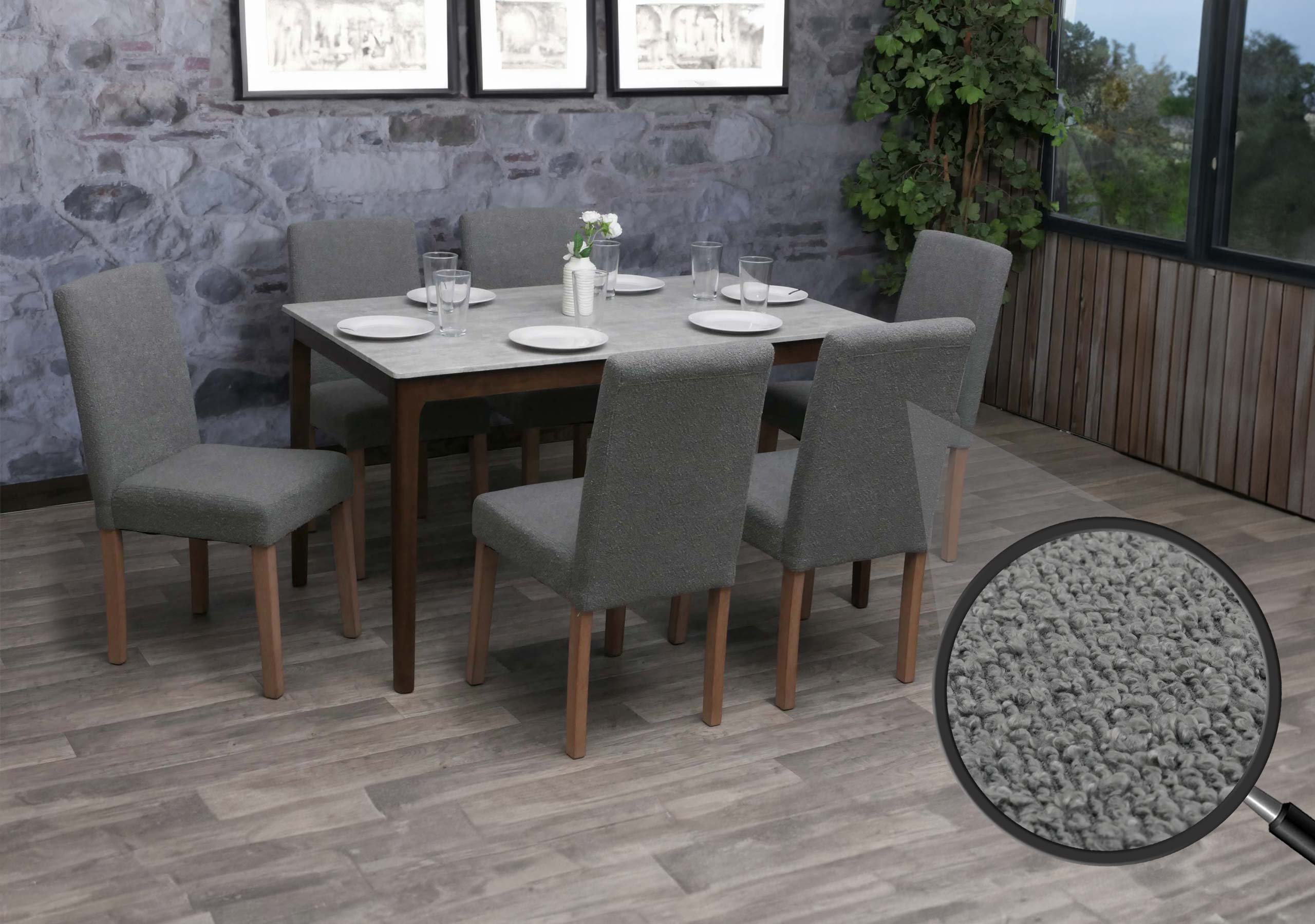 6er-Set Esszimmerstuhl Littau, Stuhl K&uuml;chenstuhl Hochlehner, Stoff/Textil Boucl&eacute; Holz ~ grau, naturfarbene Beine - Bild 1