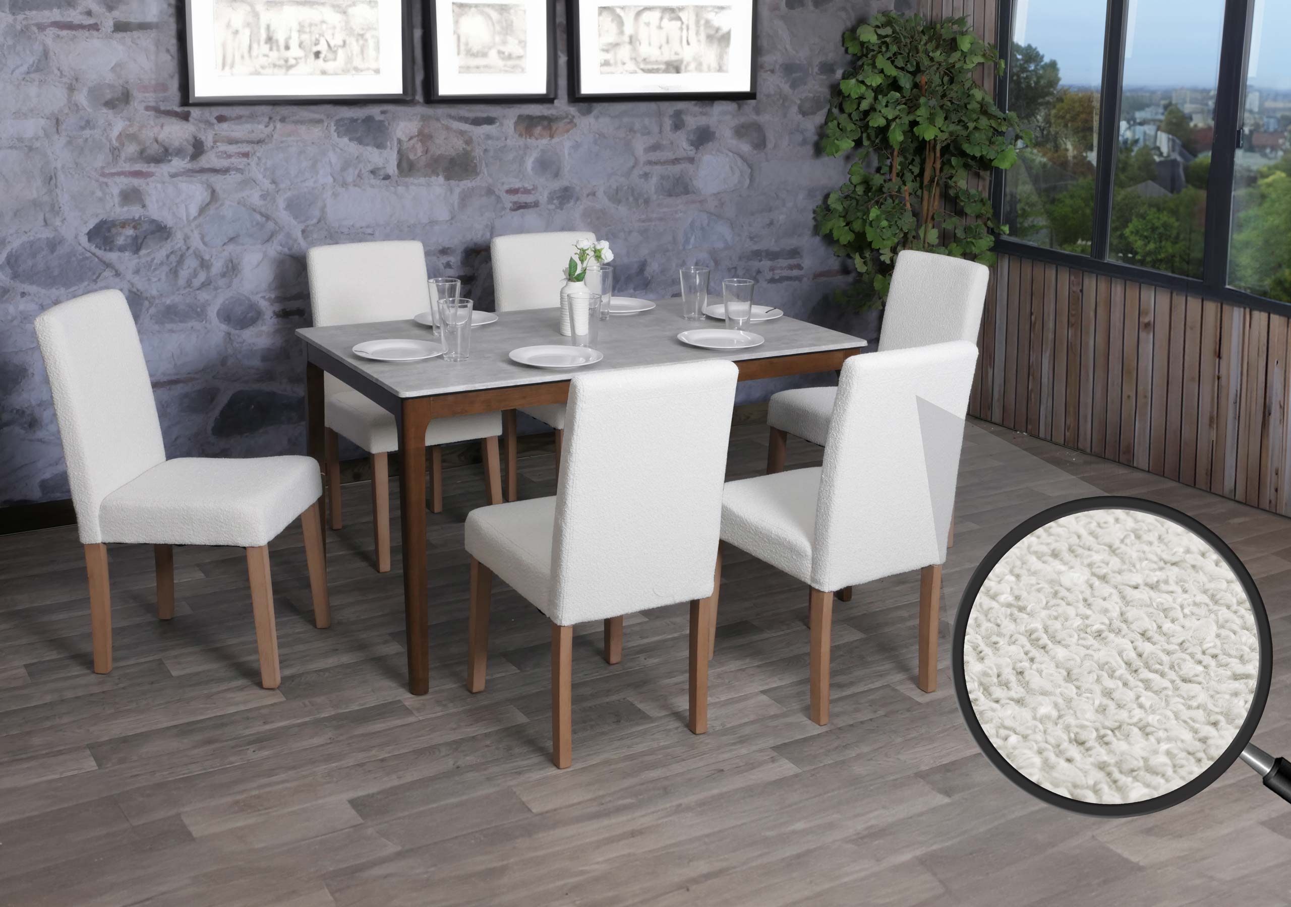 6er-Set Esszimmerstuhl Littau, Stuhl K&uuml;chenstuhl Hochlehner, Stoff/Textil Boucl&eacute; Holz ~ creme, naturfarbene Beine - Bild 1