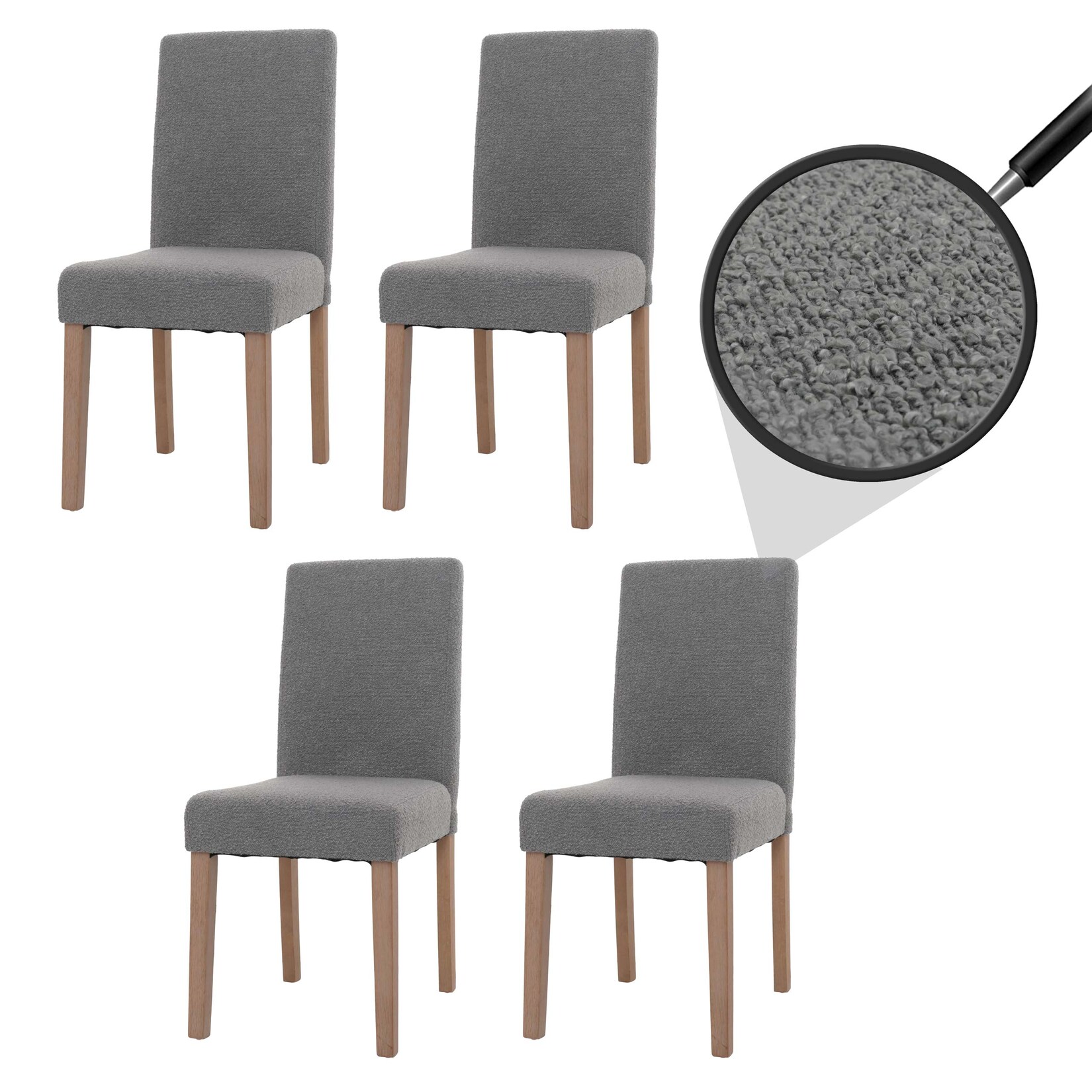 4er-Set Esszimmerstuhl Littau, Stuhl Küchenstuhl Hochlehner, Stoff/Textil Bouclé Holz ~ grau, naturfarbene Beine