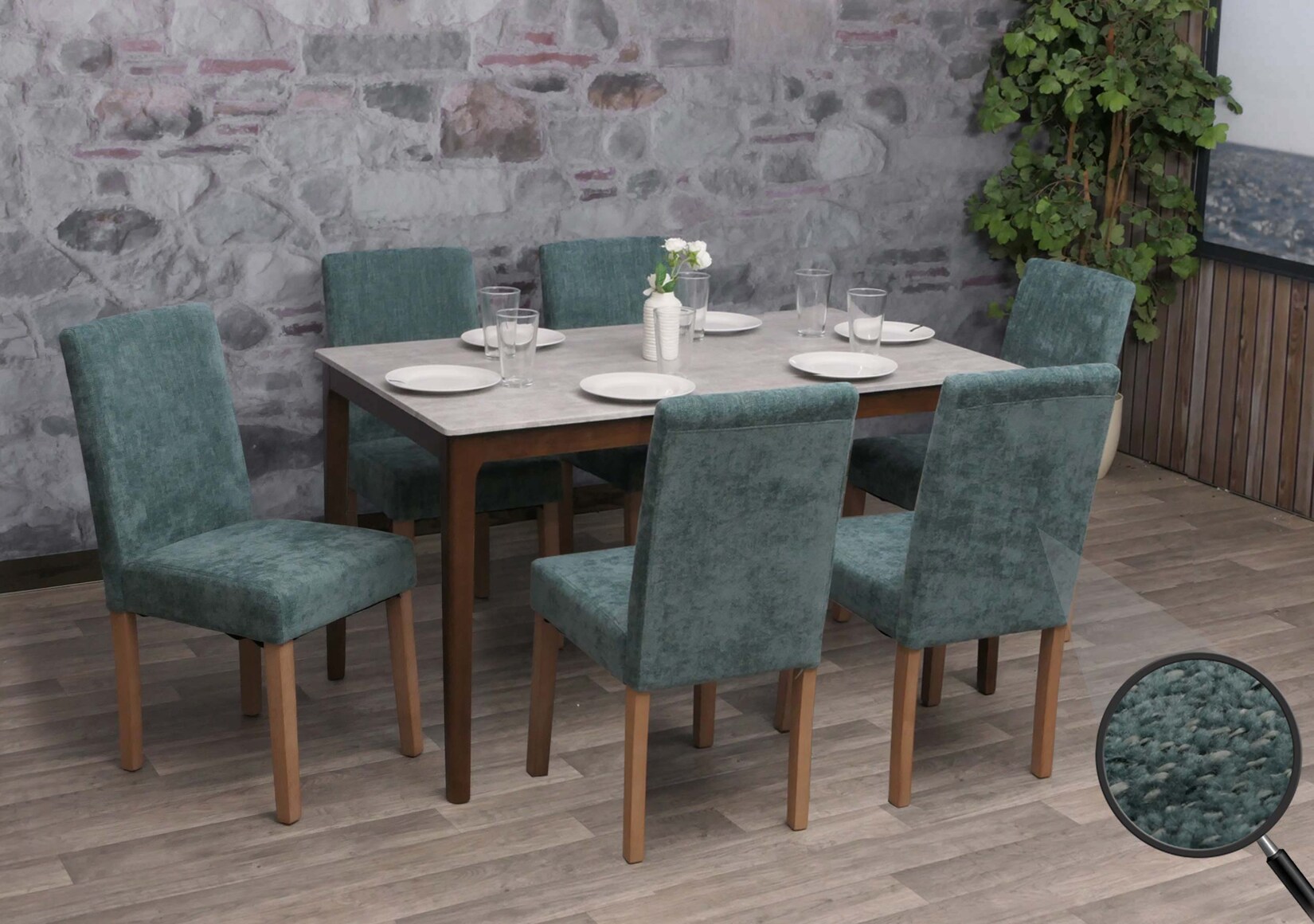 6er-Set Esszimmerstuhl Littau, Stuhl Küchenstuhl Hochlehner, Stoff/Textil Chenille Holz ~ grün, naturfarbene Beine