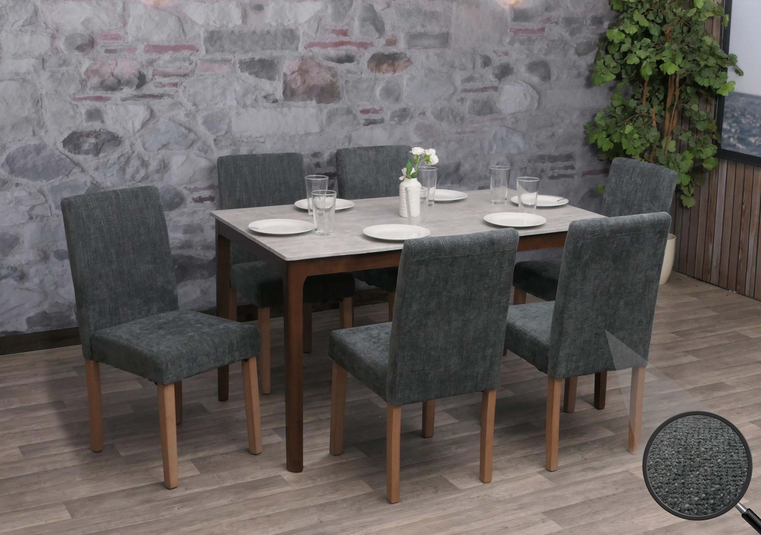 6er-Set Esszimmerstuhl Littau, Stuhl K&uuml;chenstuhl Hochlehner, Stoff/Textil Chenille Holz ~ dunkelgrau, naturfarbene Beine - Bild 1