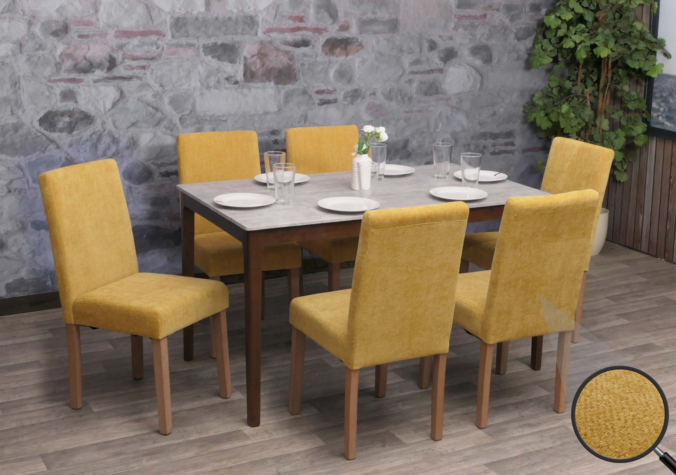 6er-Set Esszimmerstuhl Littau, Stuhl K&uuml;chenstuhl Hochlehner, Stoff/Textil Chenille Holz ~ gelb, naturfarbene Beine - Bild 1
