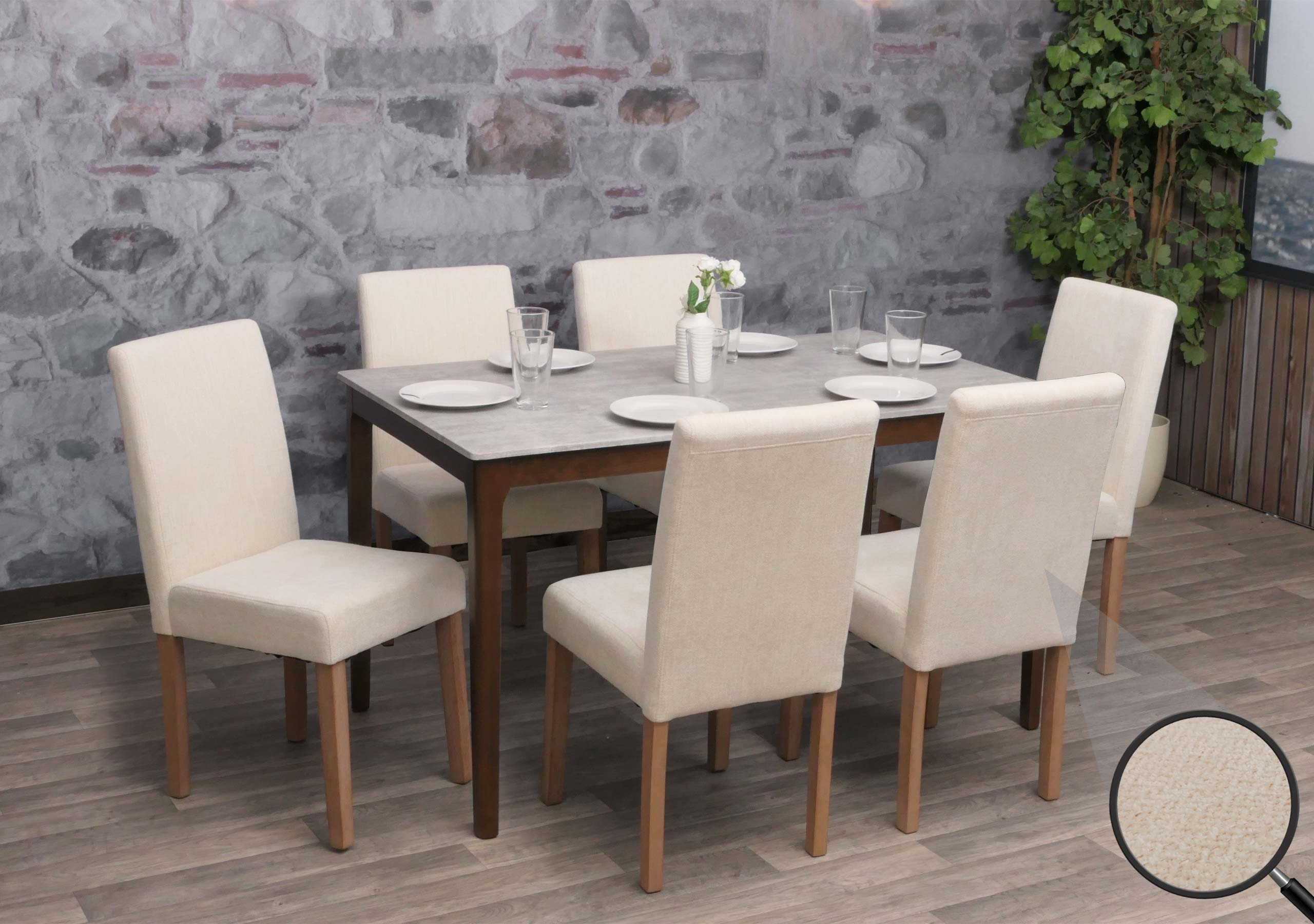 6er-Set Esszimmerstuhl Littau, Stuhl K&uuml;chenstuhl Hochlehner, Stoff/Textil Chenille Holz ~ creme, naturfarbene Beine - Bild 1