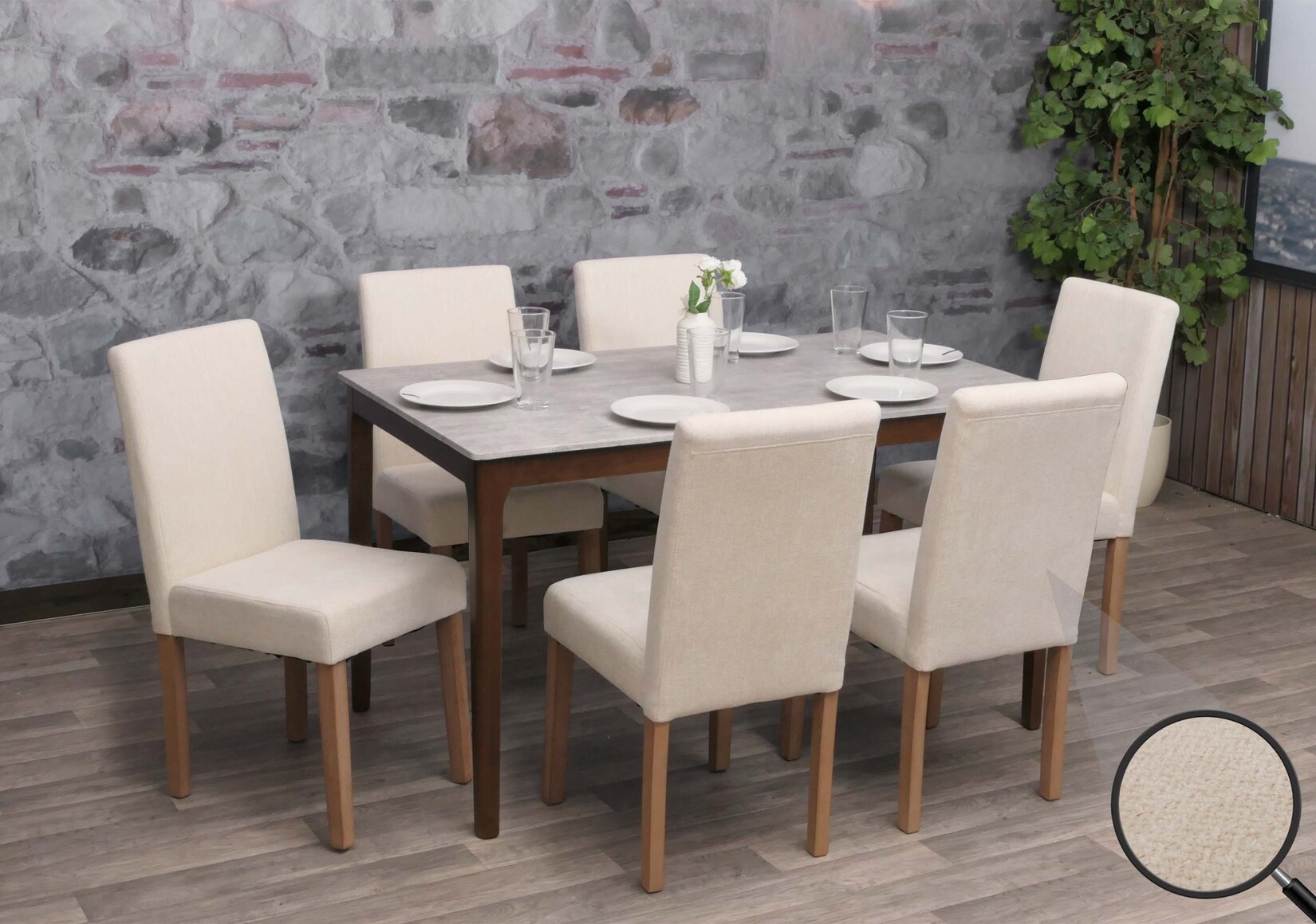 6er-Set Esszimmerstuhl Littau, Stuhl Küchenstuhl Hochlehner, Stoff/Textil Chenille Holz ~ creme, naturfarbene Beine