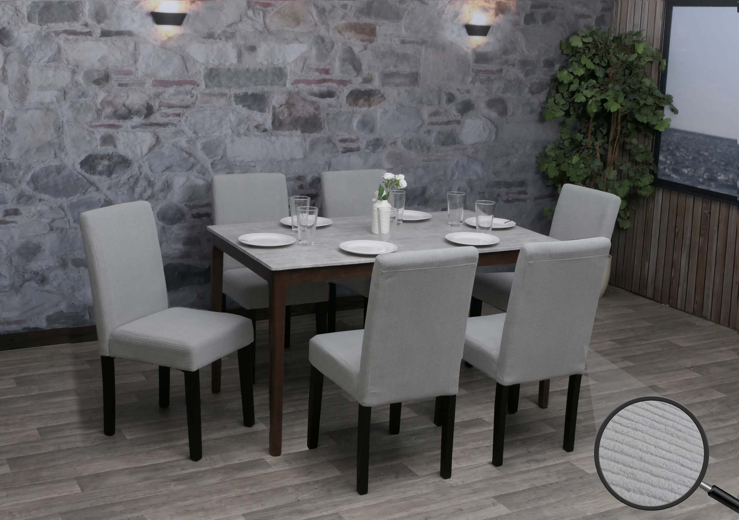 6er-Set Esszimmerstuhl Littau, Stuhl K&uuml;chenstuhl Hochlehner, Stoff/Textil Cord Holz ~ hellgrau, dunkle Beine - Bild 1