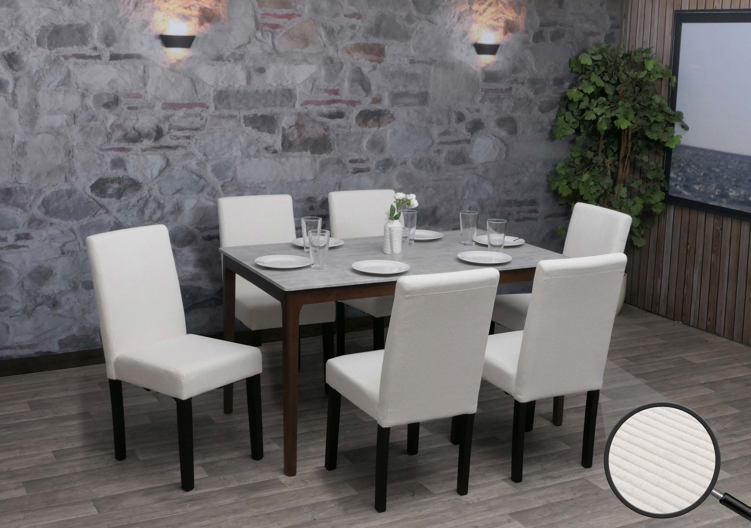 6er-Set Esszimmerstuhl Littau, Stuhl K&uuml;chenstuhl Hochlehner, Stoff/Textil Cord Holz ~ creme, dunkle Beine - Bild 1