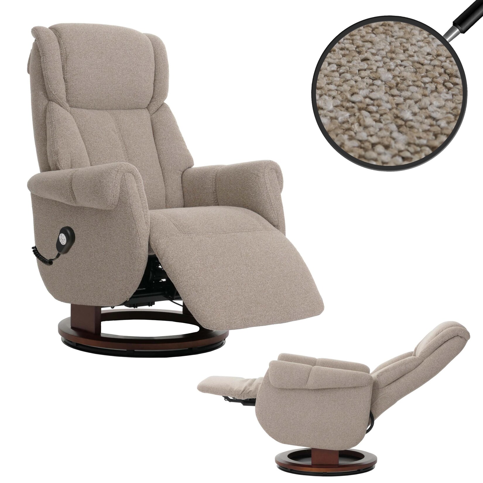 MCA Relaxsessel + Aufstehhilfe MCW-N58, Fernsehsessel Sessel Fußstütze Bouclé Stoff Holz ~ braun, Holz walnussfarben