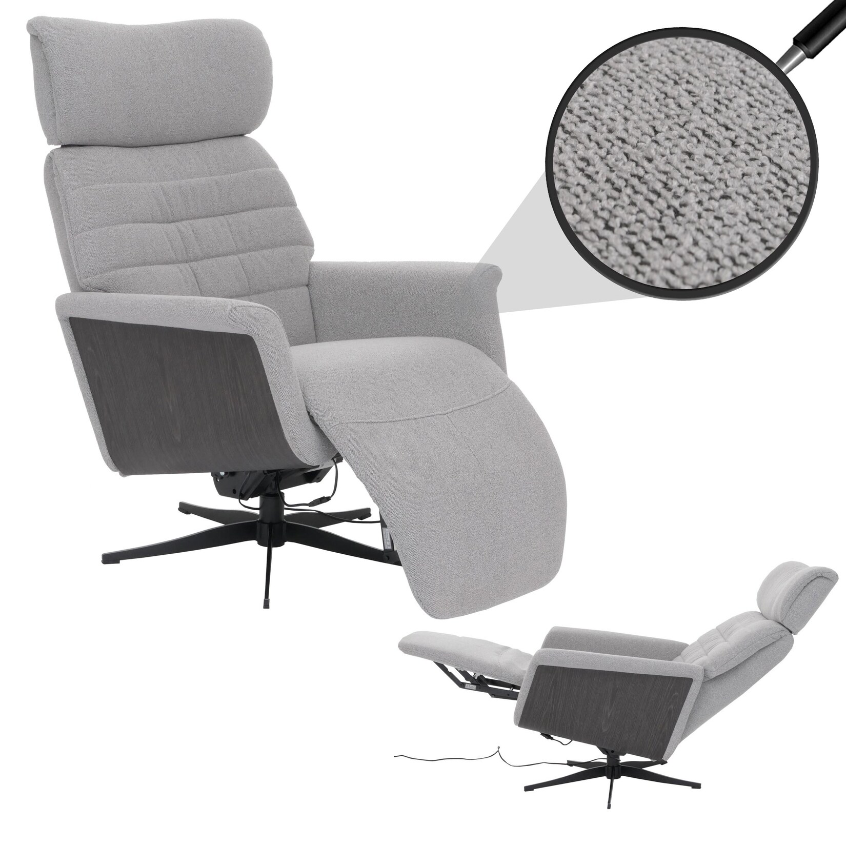 MCA Relaxsessel MCW-N56, Fernsehsessel Liegesessel Fußstütze drehbar Bouclé Stoff Holz ~ Stoff grau, Holz grau | 04057651658483