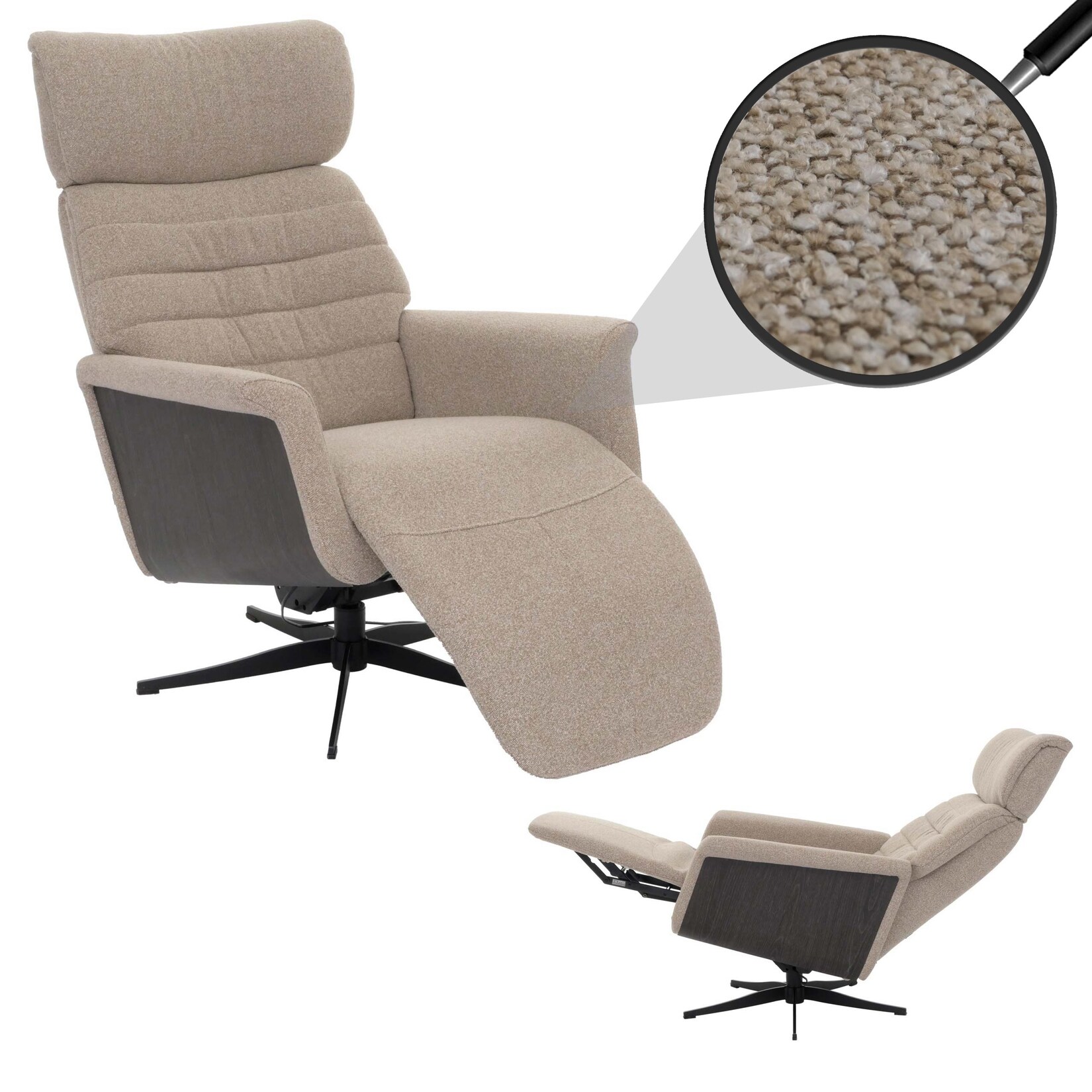 MCA Relaxsessel MCW-N56, Fernsehsessel Liegesessel Fußstütze drehbar Bouclé Stoff Holz ~ Stoff braun, Holz grau