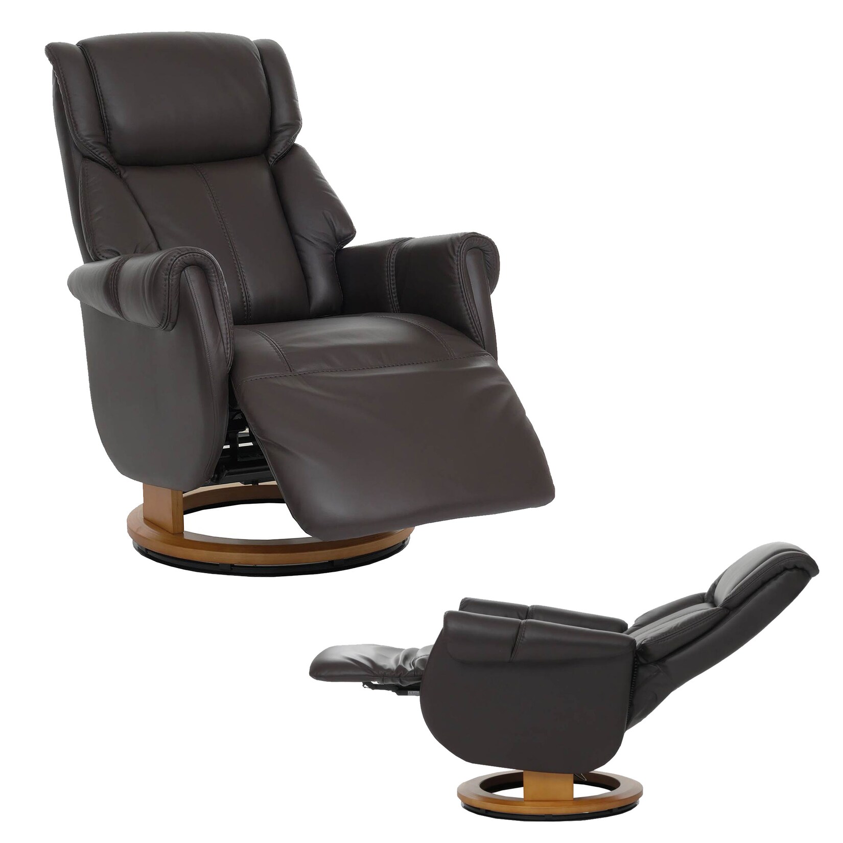 MCA Relaxsessel + Aufstehhilfe MCW-N58, Fernsehsessel Liegesessel Fußstütze Holz Leder ~ braun, Holz Natur