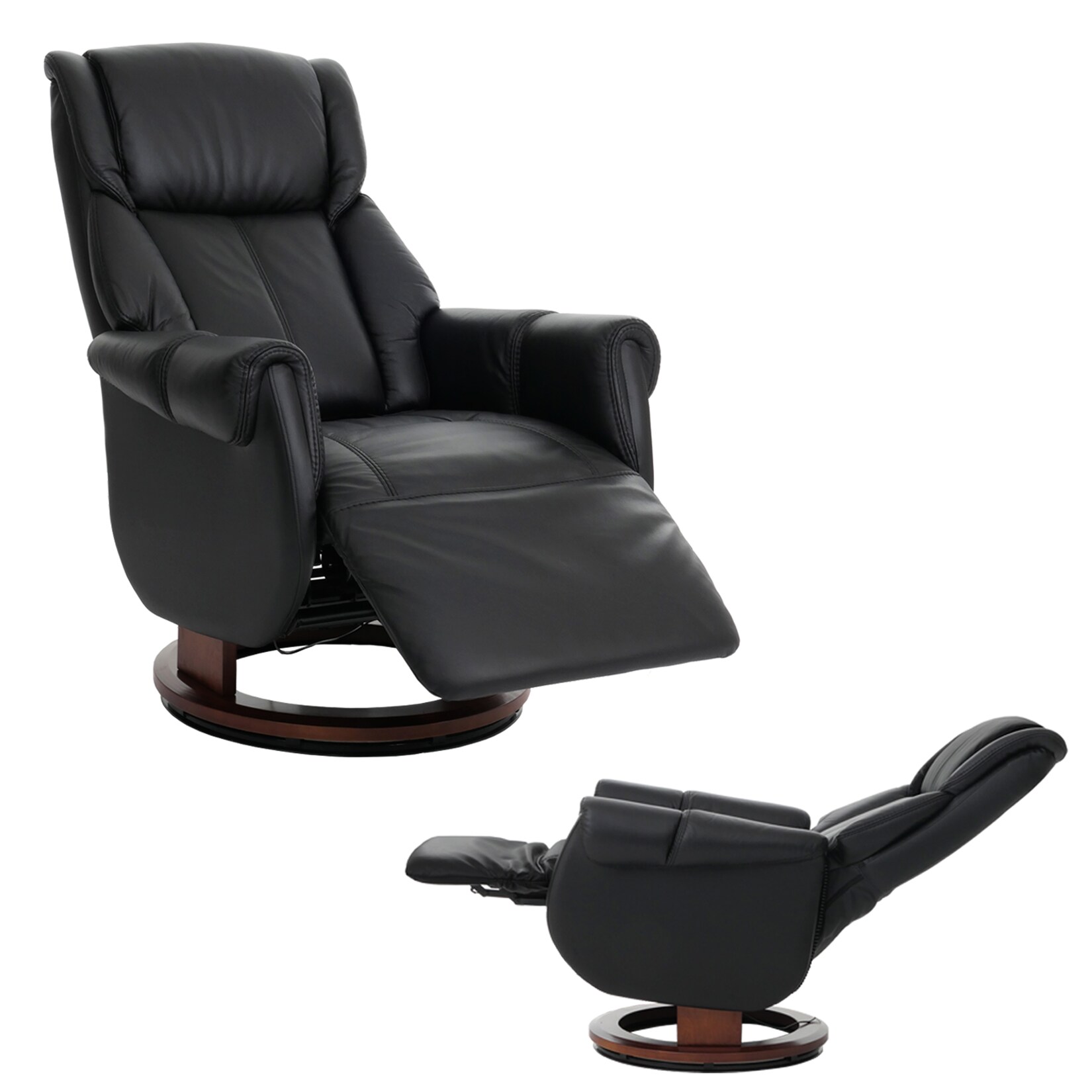 MCA Relaxsessel + Aufstehhilfe MCW-N58, Fernsehsessel Liegesessel Fußstütze Holz Leder ~ schwarz, Holz walnussfarben | 04057651811109