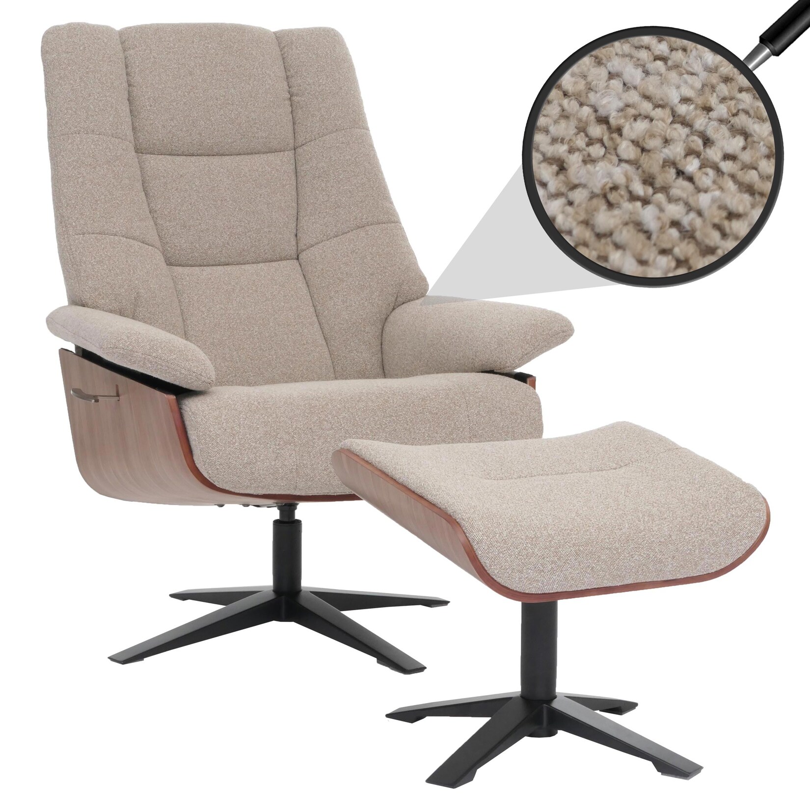MCA Relaxsessel + Hocker MCW-N57, Fernsehsessel Liegesessel, Bouclé Stoff Holz ~ braun