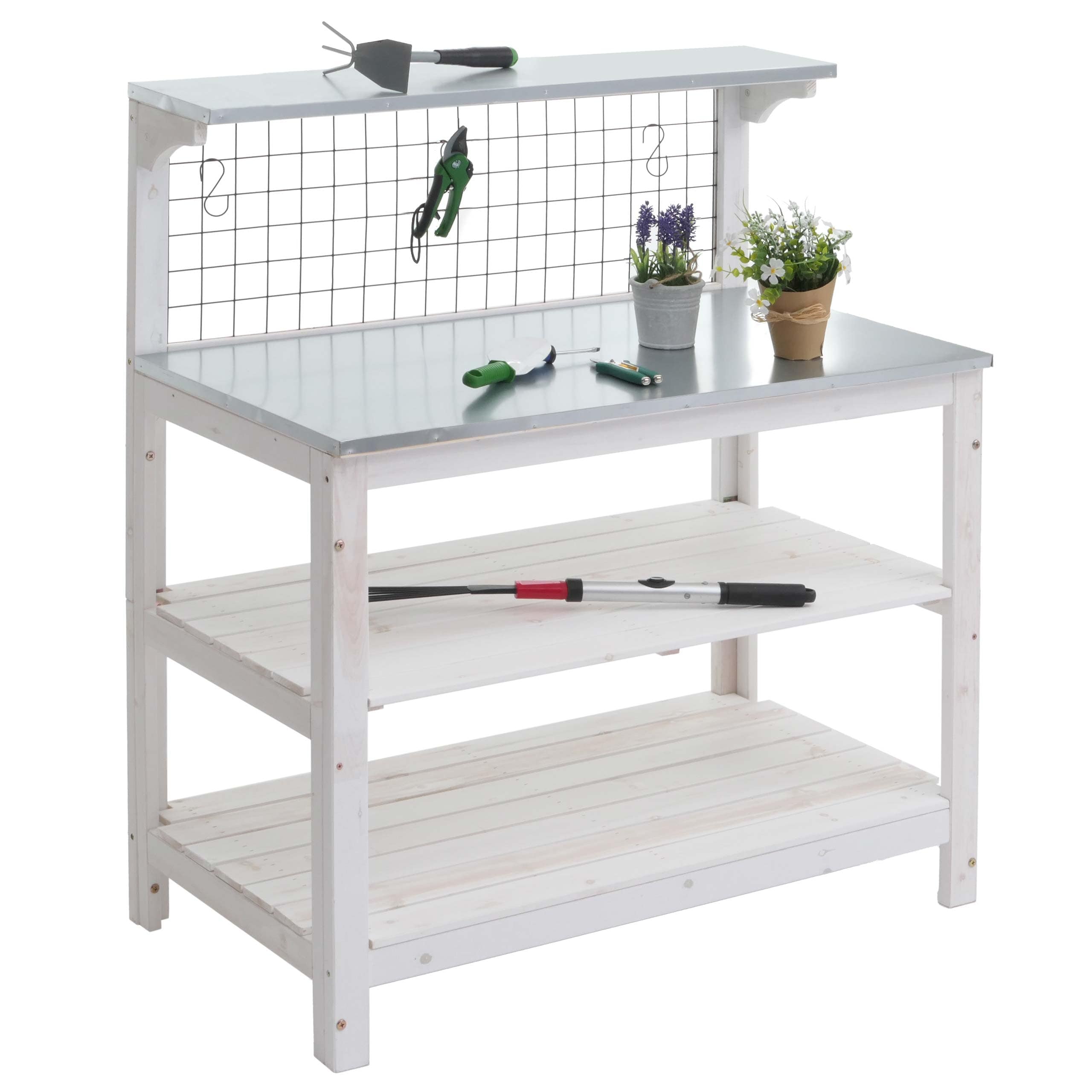 Pflanztisch MCW-N55, G&auml;rtnertisch Blumentisch Pflanzregal, Holz MVG-zertifiziert verzinkte Platte, 117x102x56cm ~ wei&szlig; - Bild 1