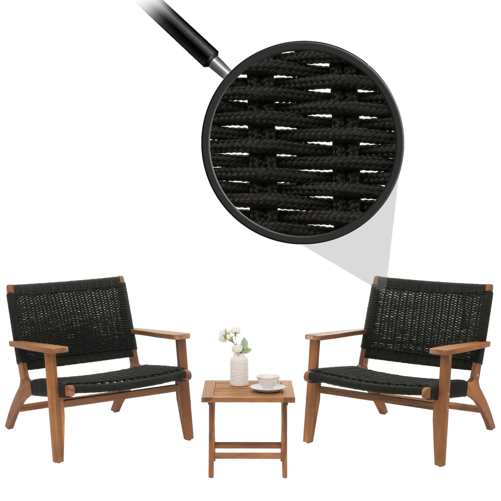 Lounge-Garten-Garnitur MCW-N49, Balkon-Set Sitzgruppe Sessel, Seilgeflecht Rope Holz Akazie MVG-zertifiziert, schwarz | 04057651656366