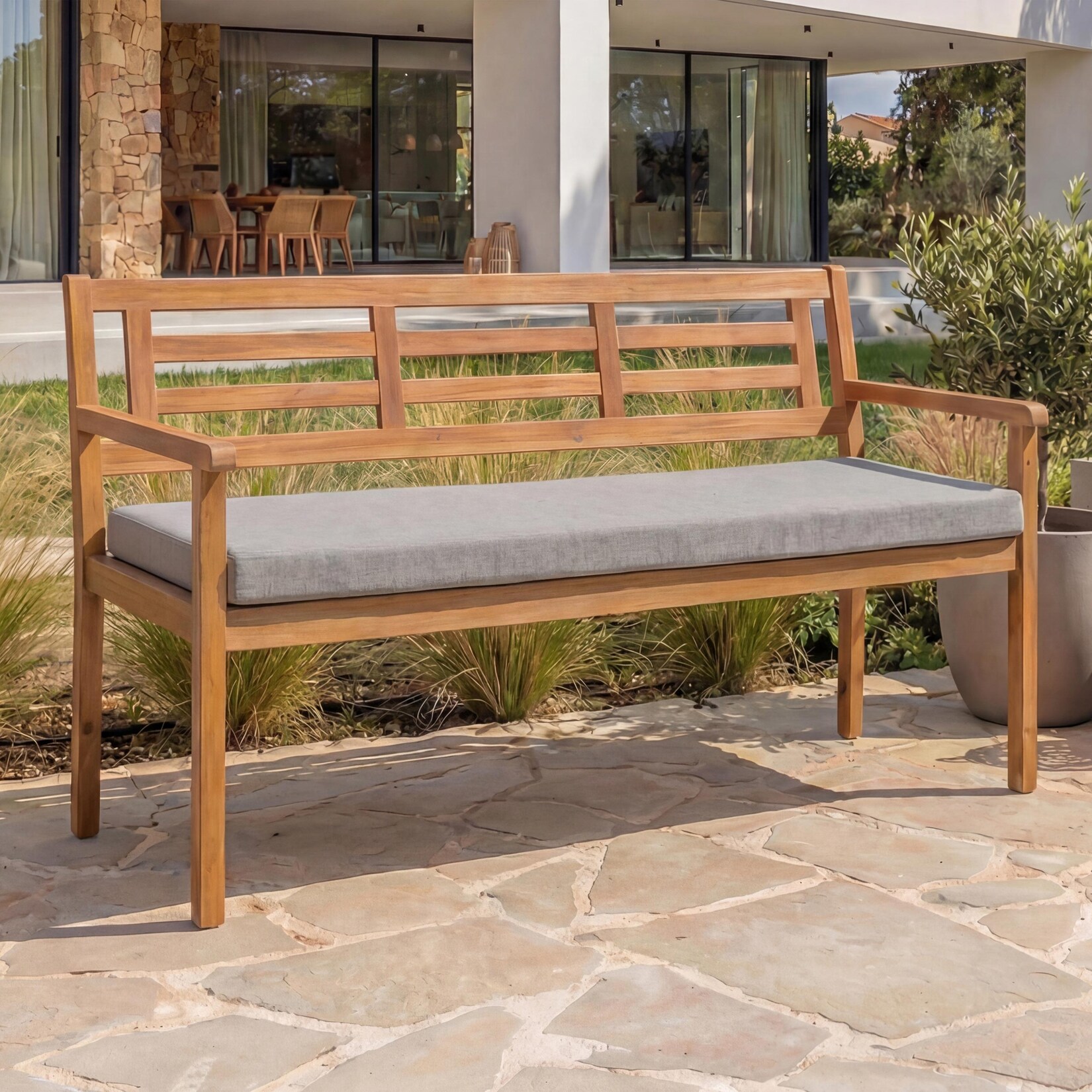 Gartenbank MCW-N47, Sitzbank Parkbank Holzbank, Massiv-Holz Akazie MVG-zertifiziert ~ Kissen grau