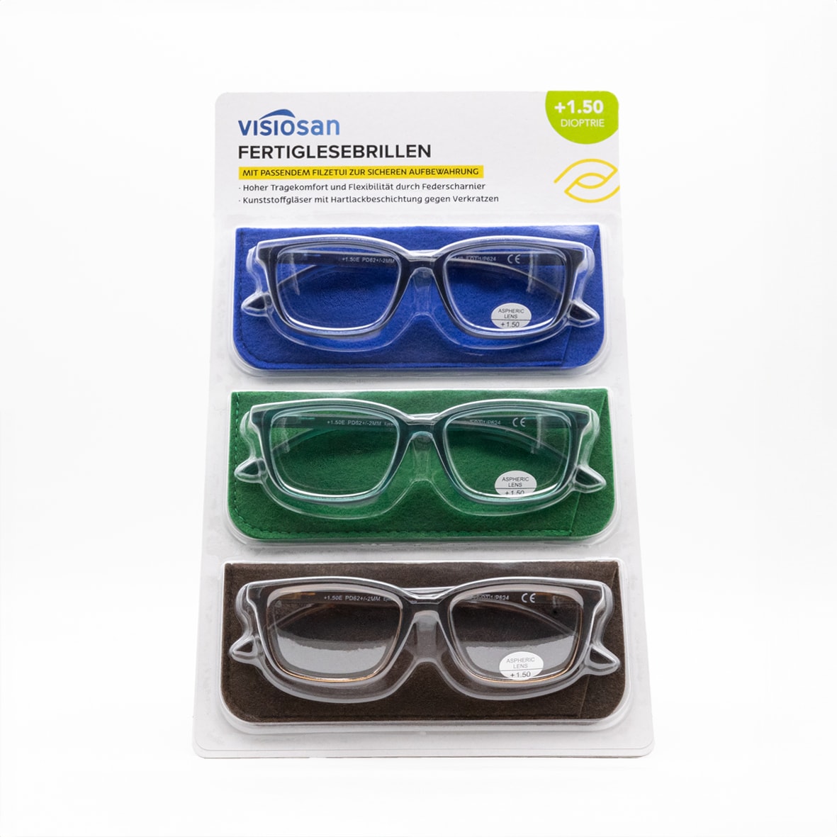 Visiosan Lesehilfen, 3er Pack - Blau,Gr&uuml;n,Braun, Dioptrie St&auml;rke +1.50 - Bild 1