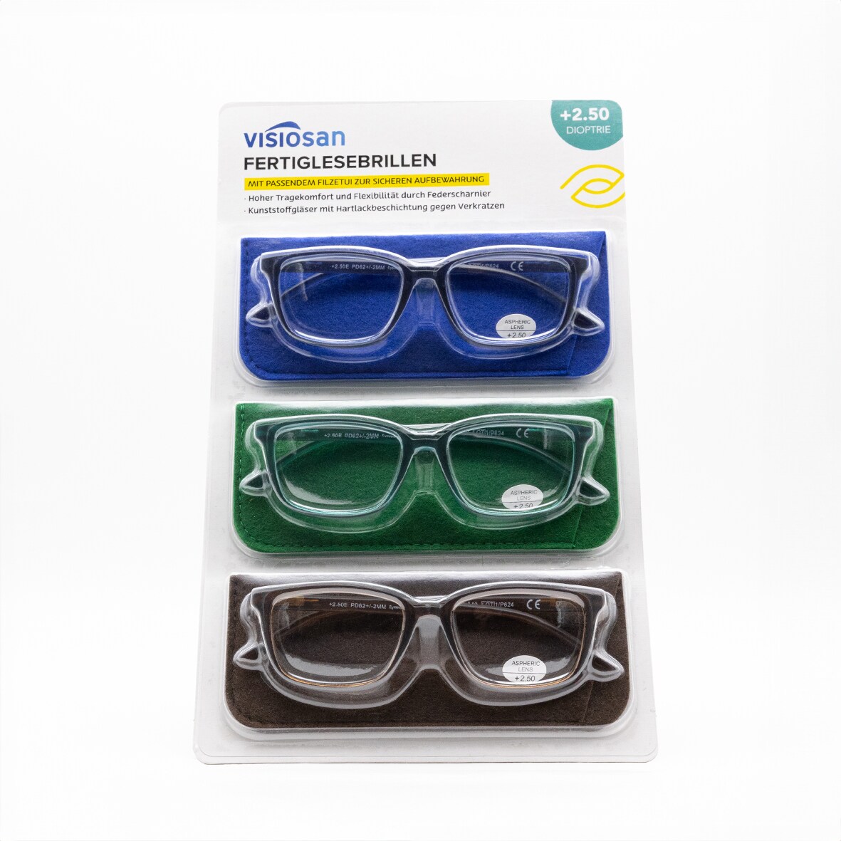 Visiosan Lesehilfen, 3er Pack - Blau,Gr&uuml;n,Braun, Dioptrie St&auml;rke +2.50 - Bild 1