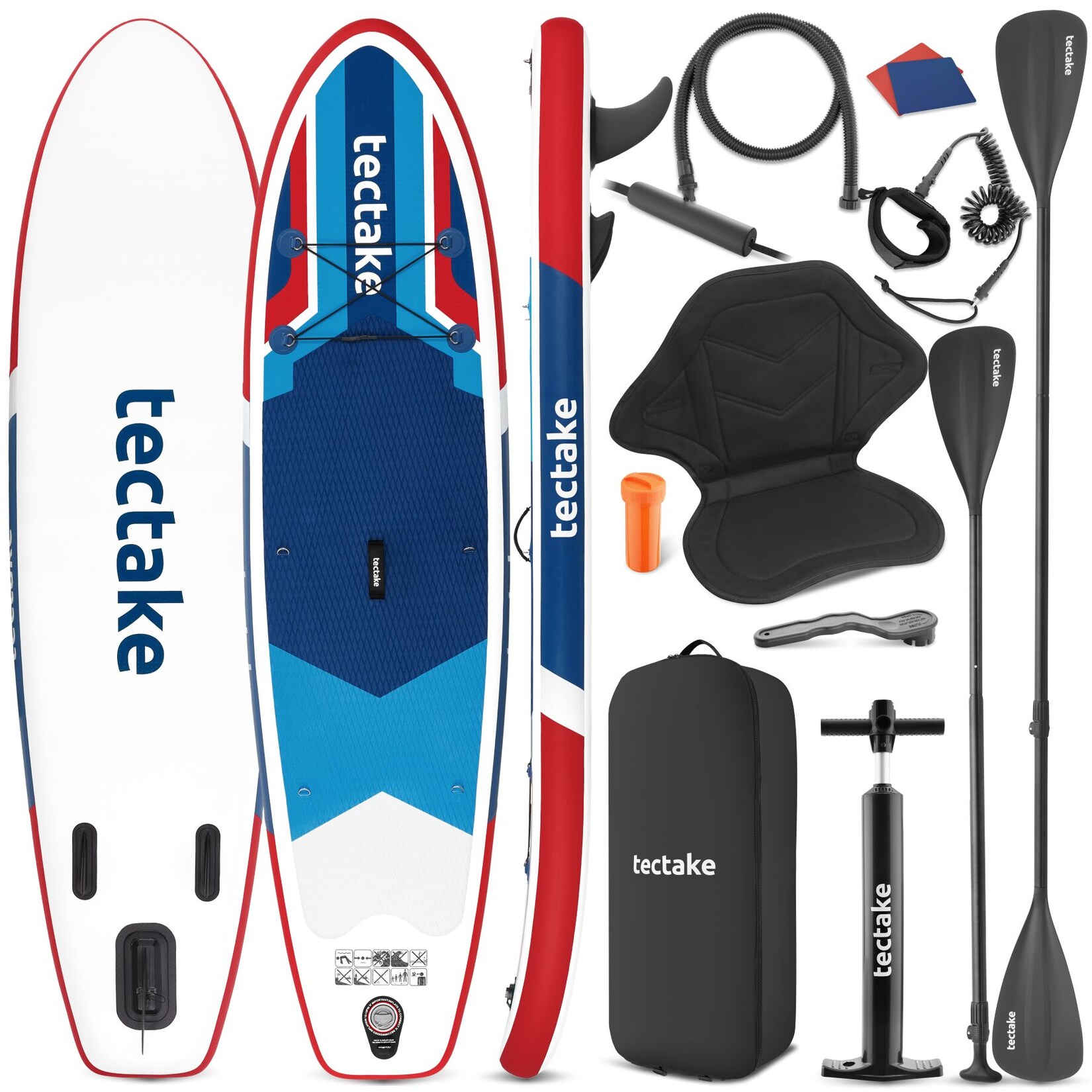 tectake® 2in1 Stand-Up Paddle Board 288 cm, aus Drop-Stitch Material, verstellbares Doppelpaddel, Belastbarkeit 200 kg, inklusive Kajak-Sitz