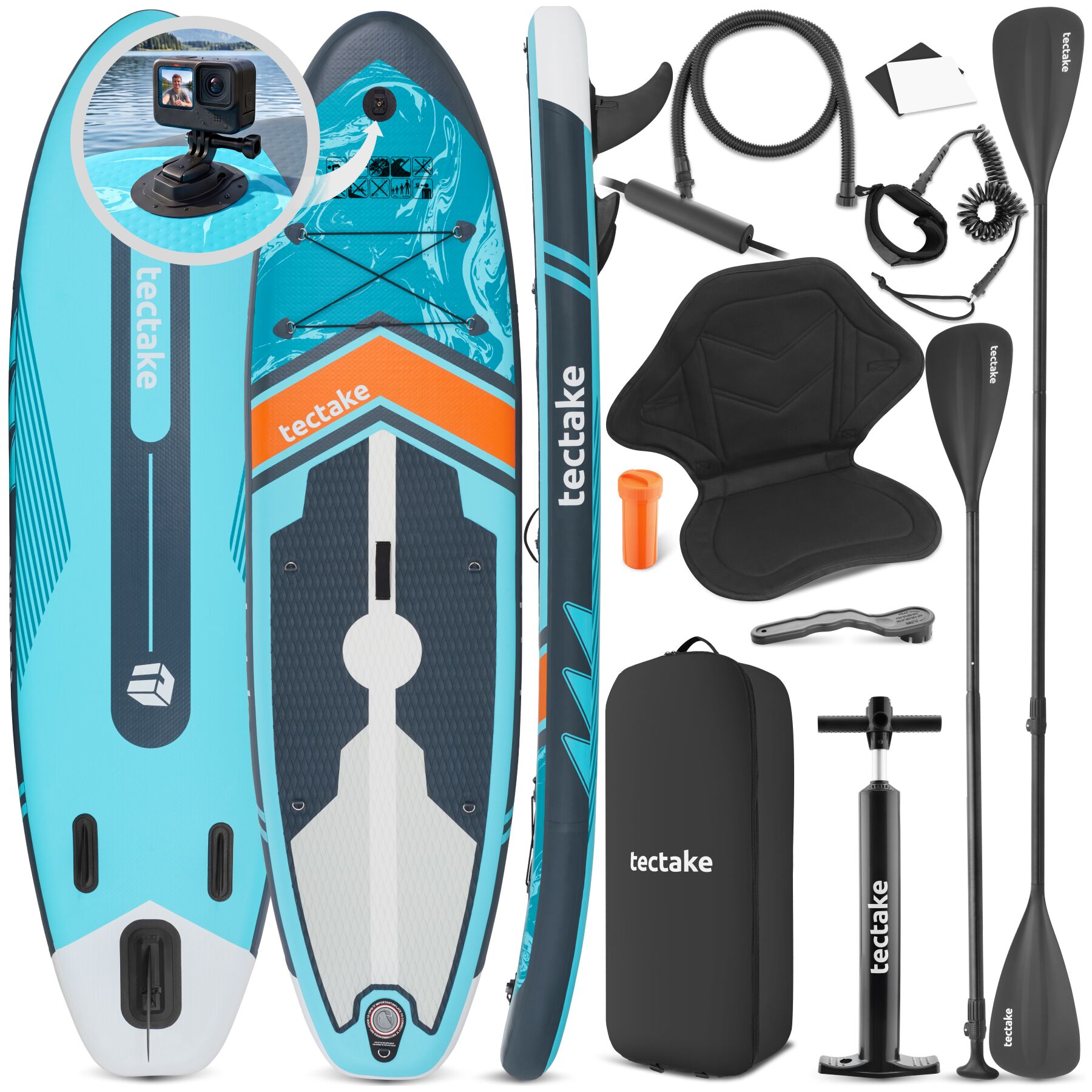 tectake&reg; Stand-Up Paddle Board, aus Drop-Stitch-Material, mit Kamerahalterung, verstellbares Doppelpaddel, Belastbarkeit 200 kg, inklusive Kajak-Sitz - Bild 1