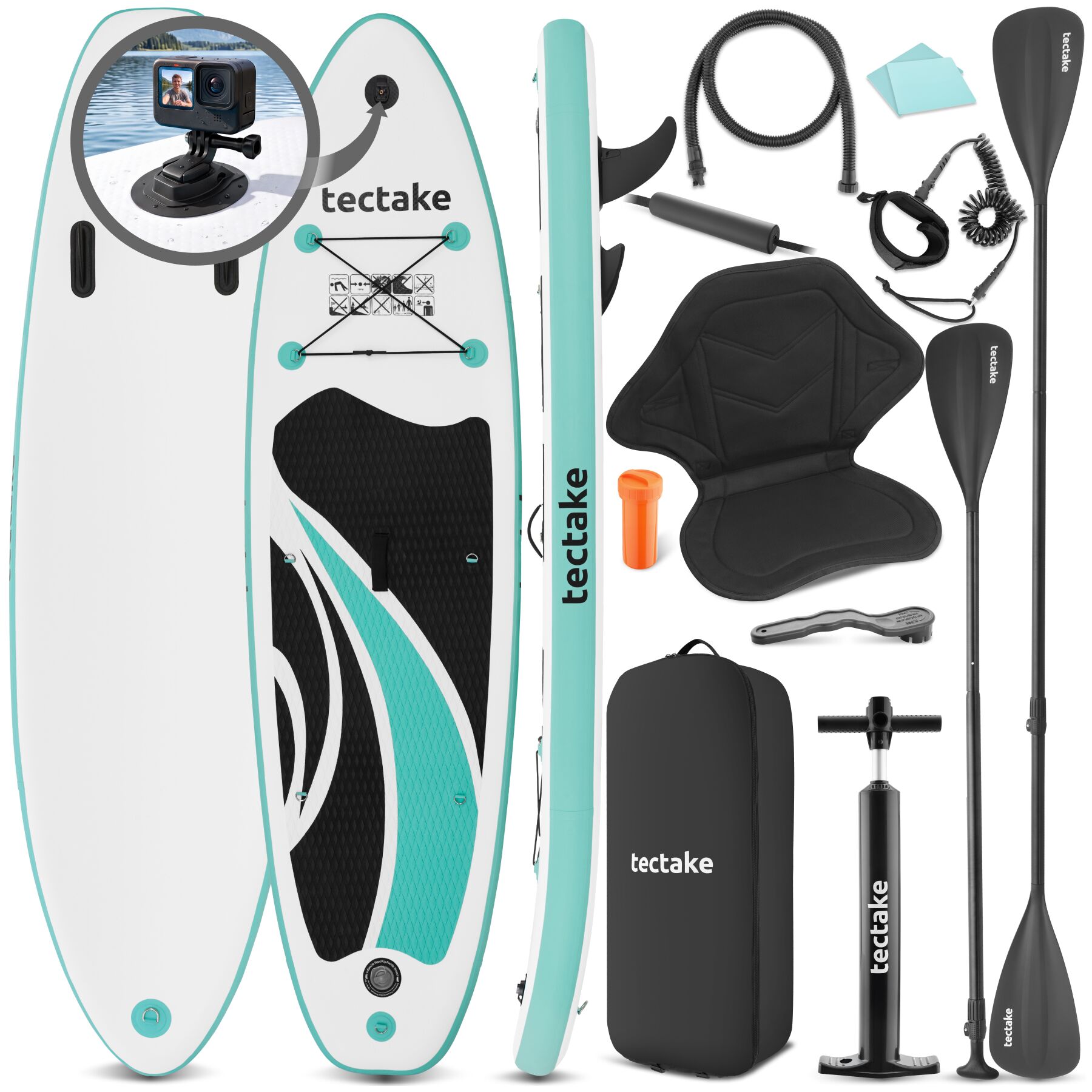 tectake&reg; Stand-Up Paddle Board, aus Drop-Stitch-Material, mit Kamerahalterung, verstellbares Doppelpaddel, Belastbarkeit 200 kg, inklusive Kajak-Sitz - Bild 1