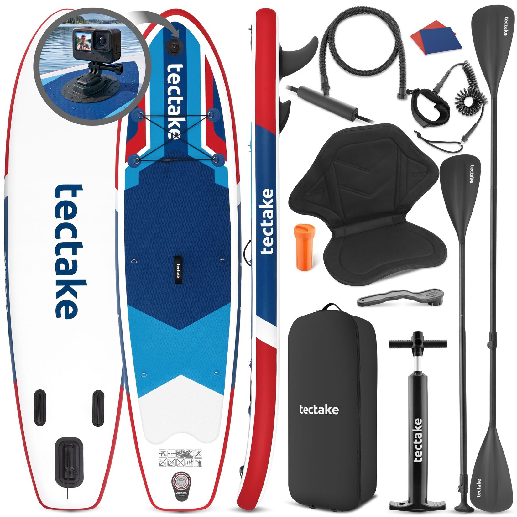 tectake® Stand-Up Paddle Board, aus Drop-Stitch-Material, mit Kamerahalterung, verstellbares Doppelpaddel, Belastbarkeit 200 kg, inklusive Kajak-Sitz