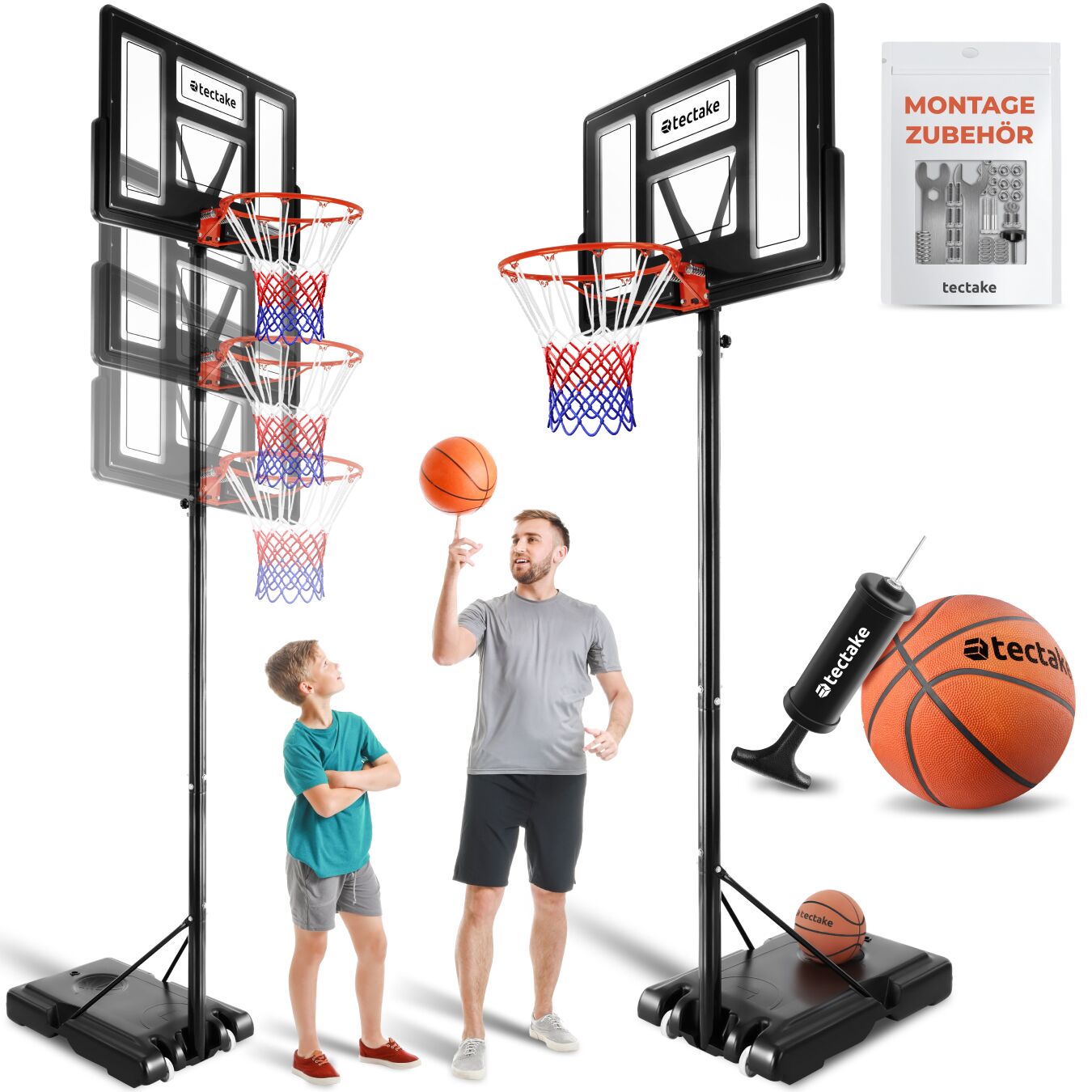 tectake&reg; Basketballkorb, Outdoor, verstellbare Korbh&ouml;he 230 - 305 cm, mit Rollen, inklusive Ball und Pumpe - Bild 1