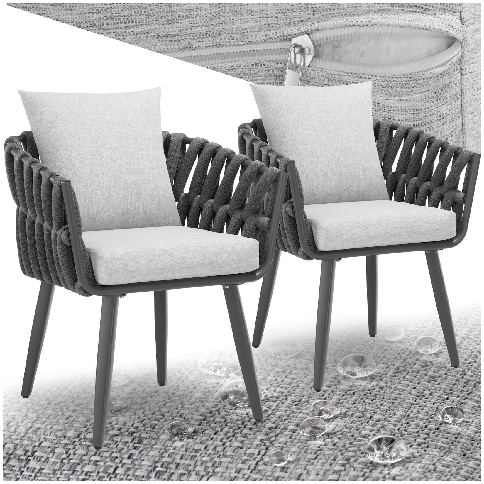 tectake® Aluminium 2er Set Stuhl, im Rope-Design, dicke Polsterung, höhenverstellbare Kunststofffüße, 62,5 x 65,5 x 75 cm